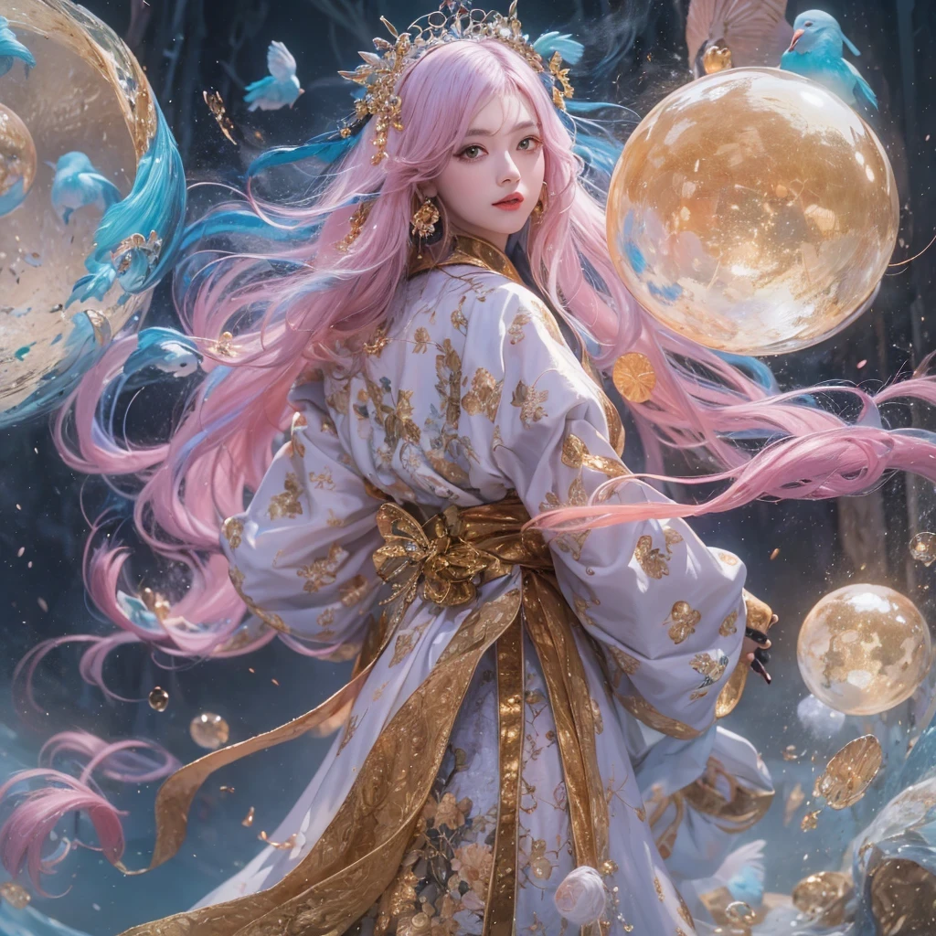 Goose pink blue color，enamel，agate，A flesh-colored world，Blood Blue Girl 32K（masterpiece，HD，Aoyama Pond，Ultra high quality，32）long flowing bright blue hair，blood pool，Ziddink， a color，Grumpy （After greeting）， （Linen scarf）， fighting stance， looking at the ground， Goose pink long hair， Floating bright blue， Fire cloud gold headdress， Chinese long-sleeved gold silk burgundy garment， （Abstract metaverse splash：1.2）， White background，Peony flower vitality protector（粉realisticlying：1.4），bright purple hair，Smoke on the road，The background is very pure， high resolution， detail， RAW photos， Sharp Re， Nikon D850 film photo by Jefferies Lee 4 Kodak Portra 400 camera F1.6 guns, Rich pink shade, Ultra-realistic and vivid textures, dramatic lighting, Unreal Engine Art Station Trend, Sinest Powder 800，一个有着long flowing bright blue hair的女孩，Huge colorful bubbles鹅粉黄