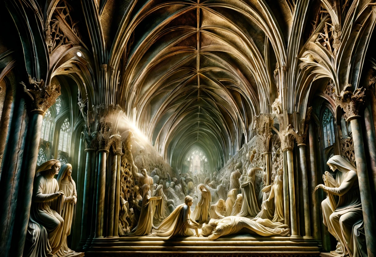 In the spectral embrace of a Gothic cathedral, envisage a hyper-realistic illustration echoing the spirit of Vitale da Bologna, known as Vittoire Carpaccio, a renowned sculptor of the Gothic era. Conjure a scene where intricate stone figures come to life, each detail meticulously carved to evoke the depth of emotion and mystique characteristic of Carpaccio's work. Illuminate the composition with the play of ethereal light and shadows, accentuating the texture of the stone. Capture the essence of Gothic aesthetic by sculpting fantastical creatures and intertwining them with elaborate, ornate patterns inspired by the rich intricacies of Gothic architecture. Let the artwork breathe life into the timeless beauty of Gothic craftsmanship.