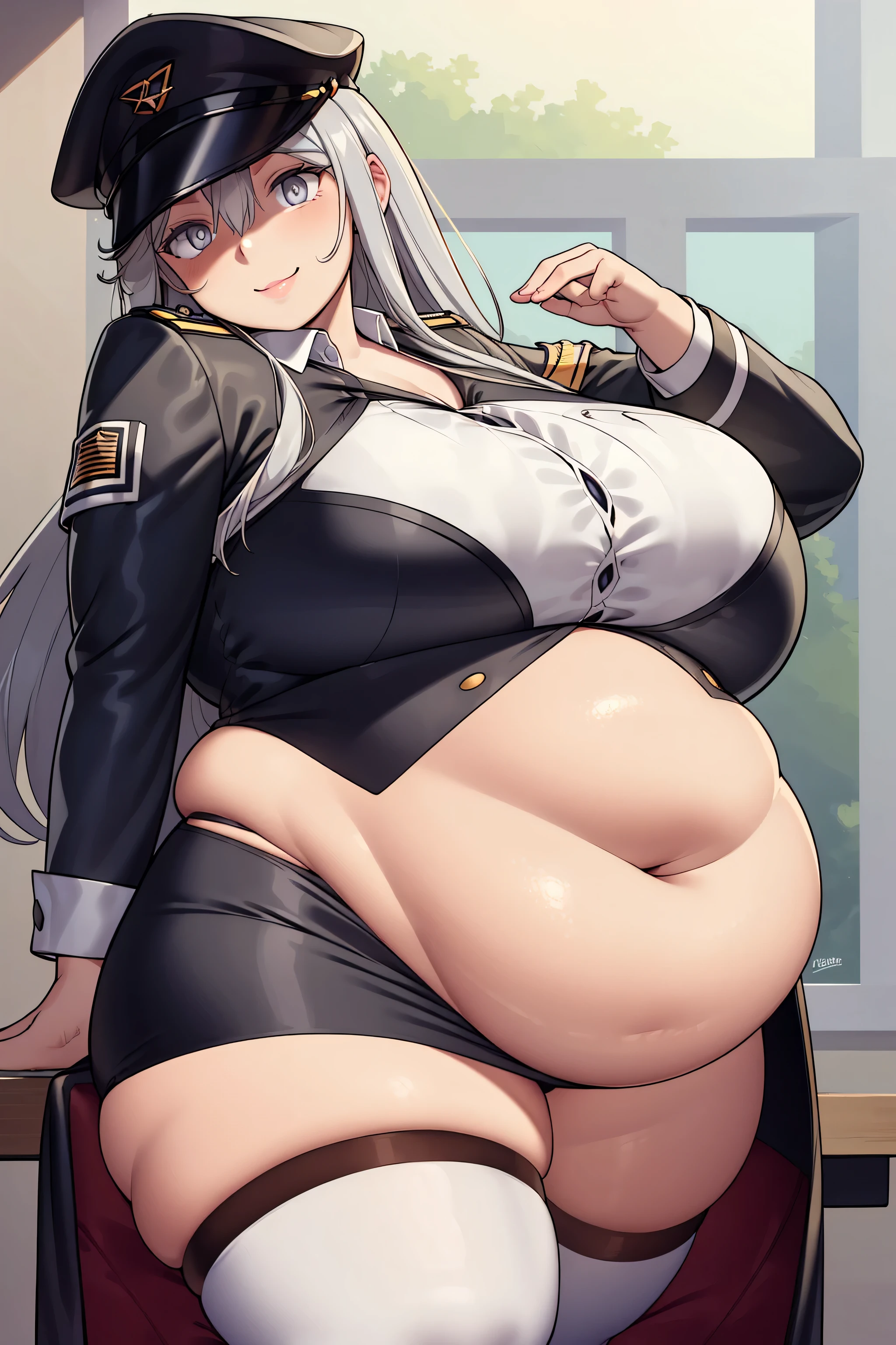 vladilenamilize, vladilena milize, (grey eyes:1.5),  grey hair, hair between eyes, long hair, ahoge,((best quality)),((highly detailed))
BREAK blue headwear, blue jacket, blue skirt, hat, jacket, military, military hat, military uniform, peaked cap, shirt, skirt,  thighhighs, uniform, white shirt,  white thighhighs,
BREAK looking at viewer,  smile,
BREAK indoors, classroom,
BREAK (masterpiece:1.2), best quality, high resolution, unity 8k wallpaper, (illustration:0.8), (beautiful detailed eyes:1.6), extremely detailed face, perfect lighting, extremely detailed CG, (perfect hands, perfect anatomy), SSBBW, SSBBW girl, curvy, large breasts, lips, plump, thick thighs, thighs,  (((oversized gigantic stomach)), curvy, large breasts, lips, plump, thick thighs, thighs, (((oversized gigantic stomach)), curvy, large breasts, lips, plump, thick thighs, thighs, (((oversized gigantic stomach))