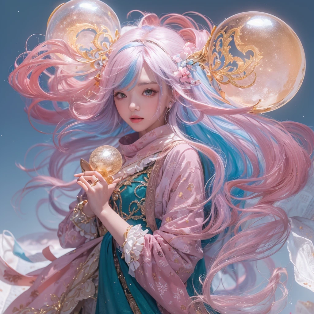 Goose pink blue color,enamel,agate,A flesh-colored world,Blood Blue Girl 32K(masterpiece,HD,Aoyama Pond,Ultra high quality,32)long flowing bright blue hair,blood pool,Ziddink, a color,Grumpy (After greeting), (Linen scarf), fighting stance, looking at the ground, Goose pink long hair, Floating bright blue, Fire cloud gold headdress, Chinese long-sleeved gold silk burgundy garment, (Abstract metaverse splash:1.2), White background,Peony flower vitality protector(粉realisticlying:1.4),bright purple hair,Smoke on the road,The background is very pure, high resolution, detail, RAW photos, Sharp Re, Nikon D850 film photo by Jefferies Lee 4 Kodak Portra 400 camera F1.6 guns, Rich pink shade, Ultra-realistic and vivid textures, dramatic lighting, Unreal Engine Art Station Trend, Sinest Powder 800,一个有着long flowing bright blue hair的女孩,Huge colorful bubbles鹅粉黄
