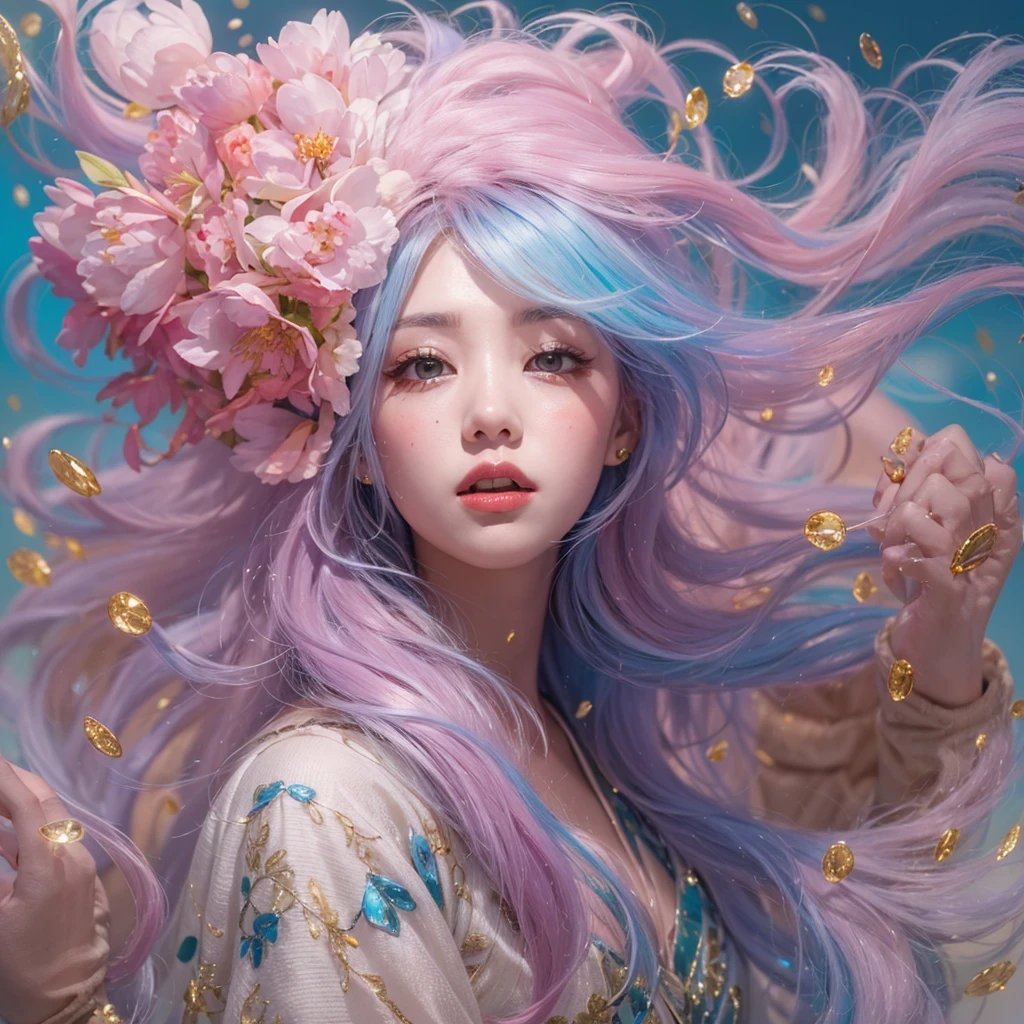 Goose pink blue color,enamel,agate,A flesh-colored world,Blood Blue Girl 32K(masterpiece,HD,Aoyama Pond,Ultra high quality,32)long flowing bright blue hair,blood pool,Ziddink, a color,Grumpy (After greeting), (Linen scarf), fighting stance, looking at the ground, Goose pink long hair, Floating bright blue, Fire cloud gold headdress, Chinese long-sleeved gold silk burgundy garment, (Abstract metaverse splash:1.2), White background,Peony flower vitality protector(粉realisticlying:1.4),bright purple hair,Smoke on the road,The background is very pure, high resolution, detail, RAW photos, Sharp Re, Nikon D850 film photo by Jefferies Lee 4 Kodak Portra 400 camera F1.6 guns, Rich pink shade, Ultra-realistic and vivid textures, dramatic lighting, Unreal Engine Art Station Trend, Sinest Powder 800,一个有着long flowing bright blue hair的女孩,Huge colorful bubbles鹅粉黄