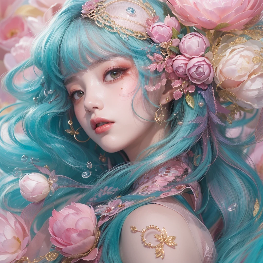 Goose pink blue color，enamel，agate，A flesh-colored world，Blood Blue Girl 32K（masterpiece，HD，Aoyama Pond，Ultra high quality，32）long flowing bright blue hair，blood pool，Ziddink， a color，Grumpy （After greeting）， （Linen scarf）， fighting stance， looking at the ground， Goose pink long hair， Floating bright blue， Fire cloud gold headdress， Chinese long-sleeved gold silk burgundy garment， （Abstract metaverse splash：1.2）， White background，Peony flower vitality protector（粉realisticlying：1.4），bright purple hair，Smoke on the road，The background is very pure， high resolution， detail， RAW photos， Sharp Re， Nikon D850 film photo by Jefferies Lee 4 Kodak Portra 400 camera F1.6 guns, Rich pink shade, Ultra-realistic and vivid textures, dramatic lighting, Unreal Engine Art Station Trend, Sinest Powder 800，一个有着long flowing bright blue hair的女孩，Huge colorful bubbles鹅粉黄
