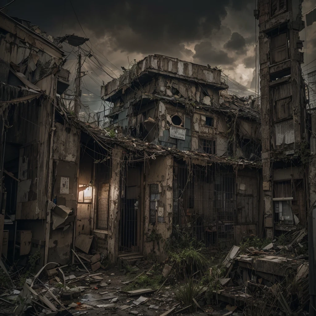 downpour(Lighting,Latter day castle,abandoned,dystopian,futuristic,dark atmosphere,overgrown vegetation,deserted street,Crumbling building,black wall,Broken windows,Debris was scattered all over the place,create desolation、chaotic atmosphere. ),[Steampunk survivor,gas mask,windbreaker,Brass decoration,cogs and gears,]，The sky is dimly lit,Ominous clouds gather together,Dazzling lightning,despair,unforgettable silence,lost hope,Epidemic of disease.Tan color palette,strong contrast,Moody's Lighting.(best quality,high resolution,masterpiece:1.2)，Background fog， high resolution， detail， RAW photos， Sharp Re， Nikon D850 film photo by Jefferies Lee 4 Kodak Portra 400 camera F1.6 guns, colorful, Ultra-realistic and vivid textures, dramatic lighting, Unreal Engine Art Station Trend, Sinest 800，