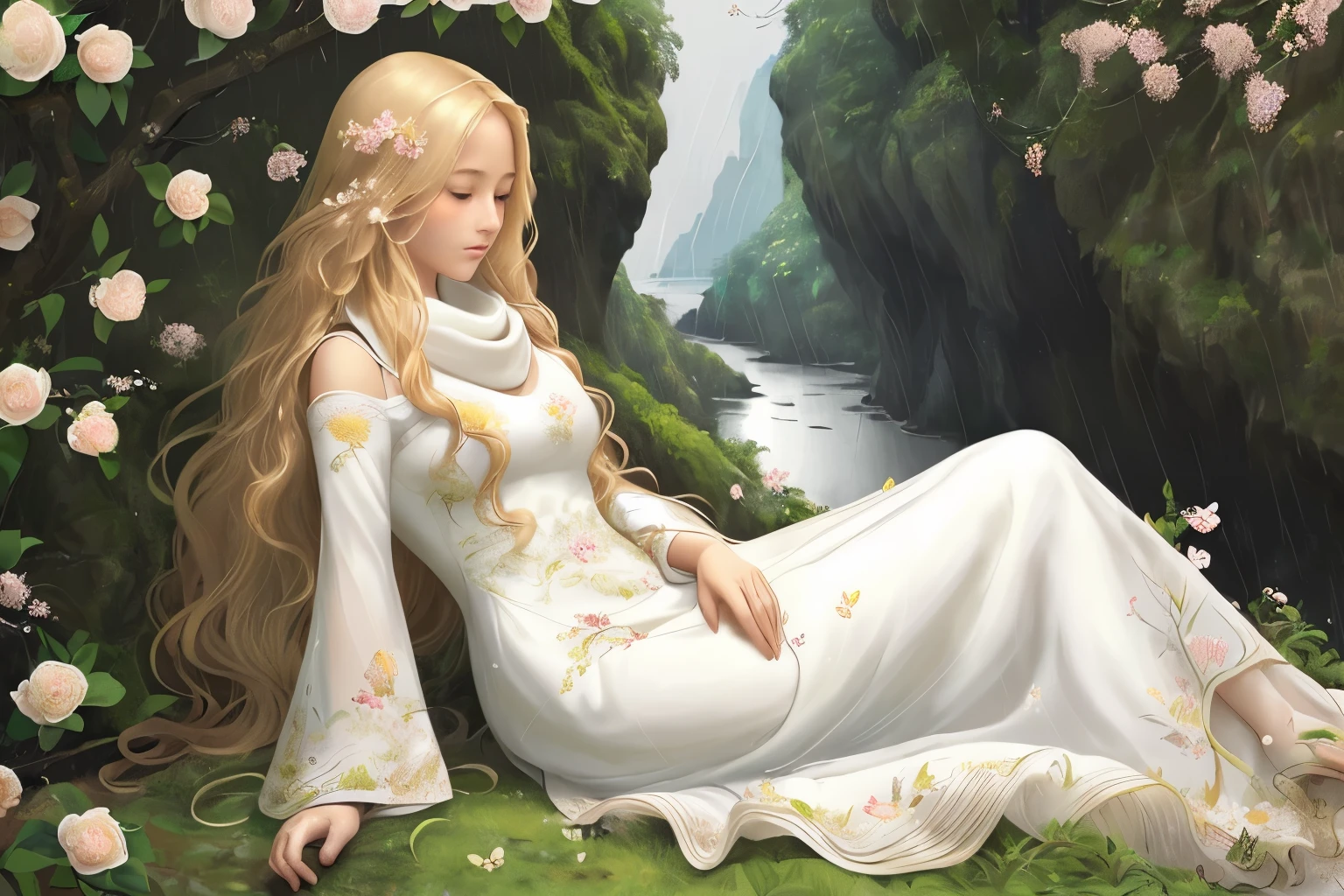 1 girl, full body photo, flaxen hair, flowing hair, hazy beauty, extremely beautiful facial features, white embroidered dress, hairpin on head, lying in a flower bush, hand dragging chin, perfect hand, camellia, (spring, rainy day, butterfly, cliff), simple vector art, contemporary Chinese art, soft light, entangled scarf, looking down