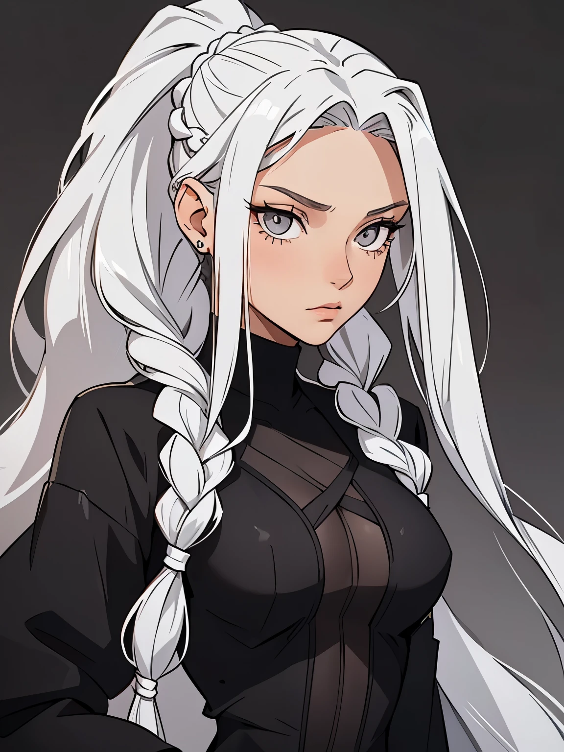 Millicent is a 21 year old young girl, tall and fit physique. She has fair skin and gray eyes with small pupils. Long wavy white hair braided into a high ponytail with many small braids. Described as an incredibly beautiful girl. Prefers to wear black clothes, gray and white colors
