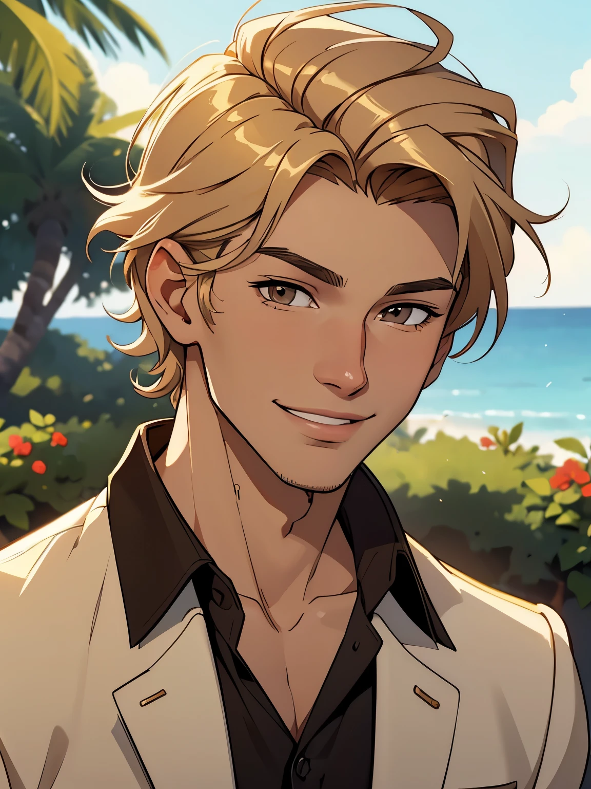 Nikolai is 22 years old, he has tanned skin, golden hair, shaved on one side and styled on the other, light brown eyes and slightly hooked nose, he has a beautiful face. He is described as extremely charming, handsome and smiling