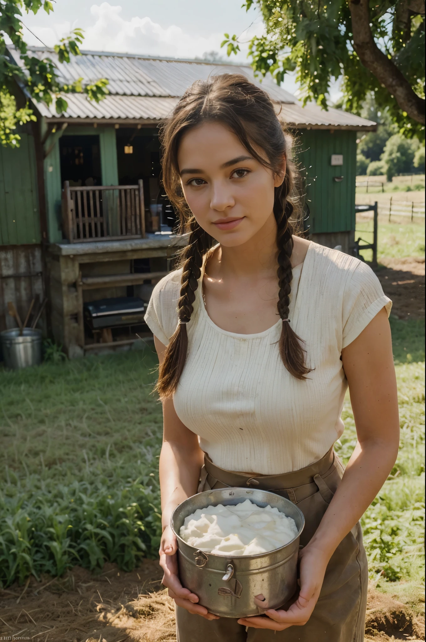 plump woman, (best quality,4k,8k,highres,masterpiece:1.2),ultra-detailed,(realistic,photorealistic,photo-realistic:1.37),oil painting,portrait,beautiful detailed eyes,beautiful detailed lips,extremely detailed eyes and face,soft sunlight,gorgeous countryside,green meadows,peaceful atmosphere,hardworking farmer,traditional wooden farmhouse,happy cows,enjoying the fresh air,overflowing milk pails,freshly churned butter,every detail of the cows and farmer is well defined,sun-kissed skin,healthy and shining hair,double braid hairstyle,farm-related accessories,floral short blouse,expressing contentment and love for her work,friendly interaction between the girl and cows,golden sunlight illuminating the scene,natural colors and soft gradients,sumptuous texture,subtle brushstrokes,vibrant and harmonious color palette,naturalistic impression,capturing the tranquility and serenity of the countryside, view naked hairy cunt