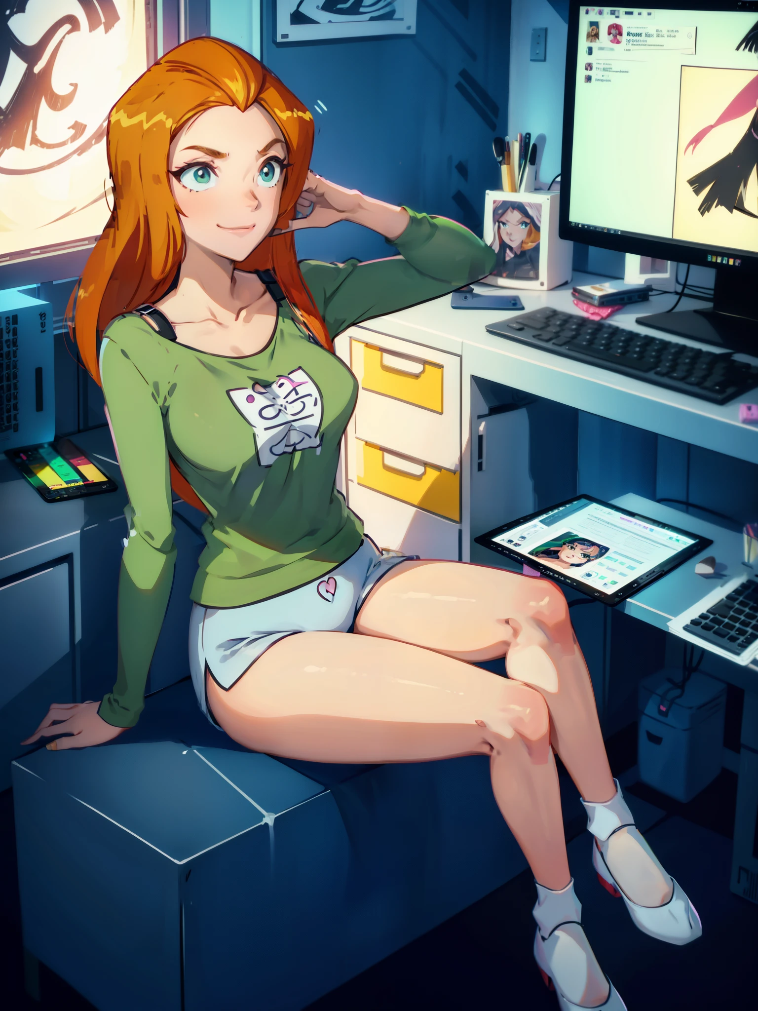 Samantha, из мультсериала Totally Spies!, full length, sitting in a room at home, sitting on a chair, office chair, Green T-shirt, short shorts, Red hair, long hair, Shy, small smile, very embarrassed, voluminous hair, straightens part of the hair, big breasts, lush breasts, white socks, one leg lies on the other, very sexy body, a slim body, sitting near the table, gaming computer on the table, interactive tablet nearby, tablet for drawing, a drawing program is open on the tablet, pink gadgets on the computer desktop, very detailed room, super quality, solo, 8k resolution