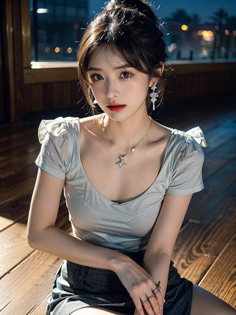 masterpiece, (best quality: 1.2), (very good: 1.2), illustration, (very delicate and beautiful: 1.2), film angle, floating, (Beautiful eye for detail: 1.1), (detailed light: 1.1), film lighting, delicate sky, female, gray hair, blue eyes, (high ponytail: 1.1), Pleated miniskirt, shining eyeoon: 1.2), (moonlight: 1.1), starry sky, (light particles: 1.1), Fog , eye pictures, sketch, ghastly,Gorgeous necklace, ring earrings, sit on the floor, sit with your legs spread out