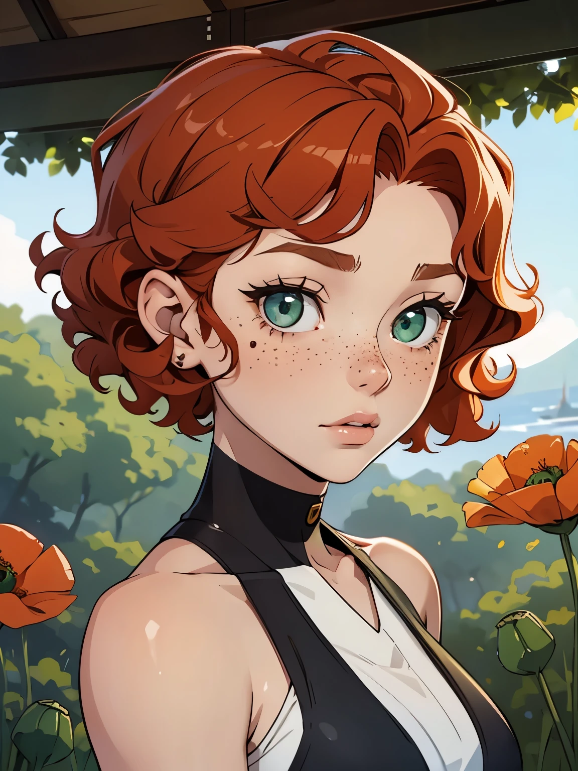 Poppy is an eighteen year old girl, with fair skin, short red curly hair, big green eyes and a lot of freckles