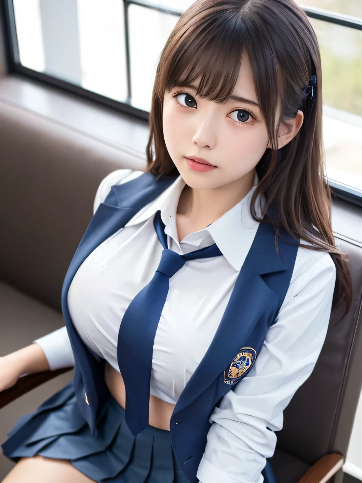 8k, highest quality, real image, intricate details, Super detailed, ultra high resolution, depth field,(realistic,realistic:1.2),from the middle, 1 Japanese girl, very beautiful 17 year old girl, Big eyes, beautiful breasts:1.5、highly detailed eyes:1.2), (beautiful breasts:1.1), (small breasts:1.5), wavy hair、curly hair、bangs, perfect skin, Fair skin, huge hips, thick thighs, thick legs, tight waist,Hands on her chest, sit in a chair, light blush, alone, (sob:1.1), (Are crying:1.1), (School_uniform),(dark blue blazer), (white shirt、wear a tie), (gray pleated skirt), (sculpture installation :1.1)