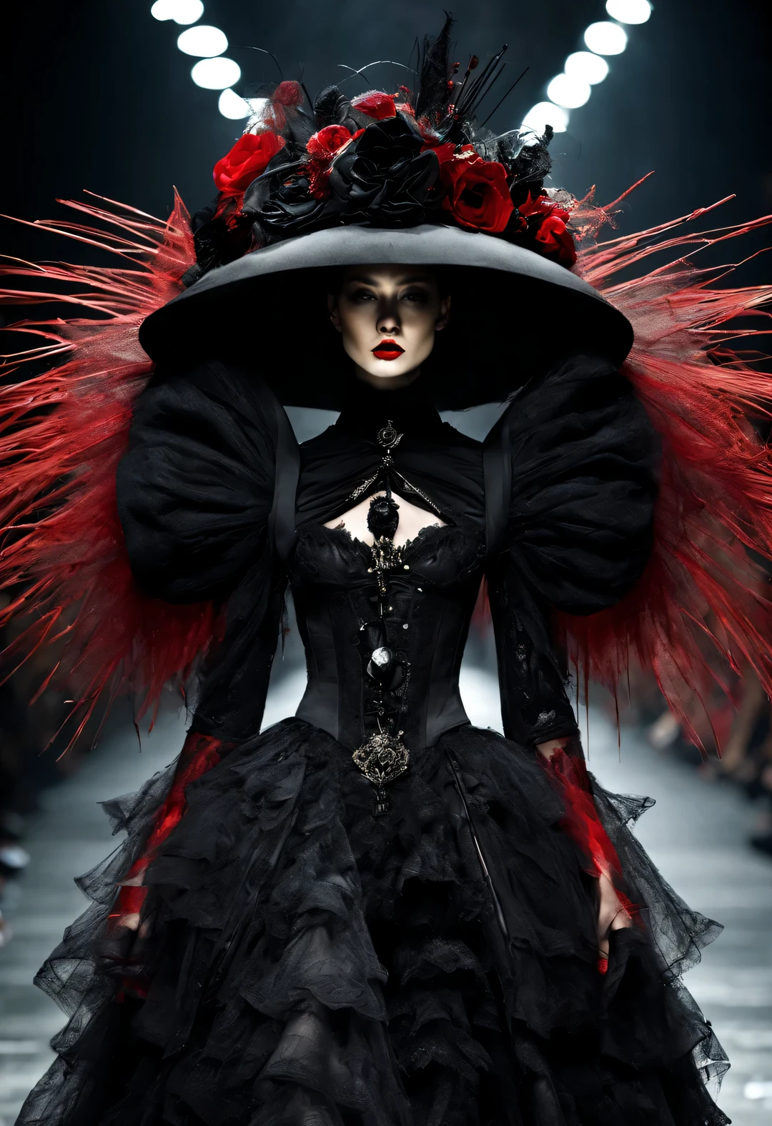 Gothic aesthetic fashion，Gothic clothing was heavily influenced by architecture， Their clothing is mostly characterized by vertical lines and folds..， Make the wearer look slim， And increase the height of the  by raising the hat， Gives people a light and upward feeling。Make the wearer look slim，And increase the height of the  by raising the hat，Gives people a light and upward feeling。red dress with lots of lace、Roses symbolize romance，grave、vampire、witch，