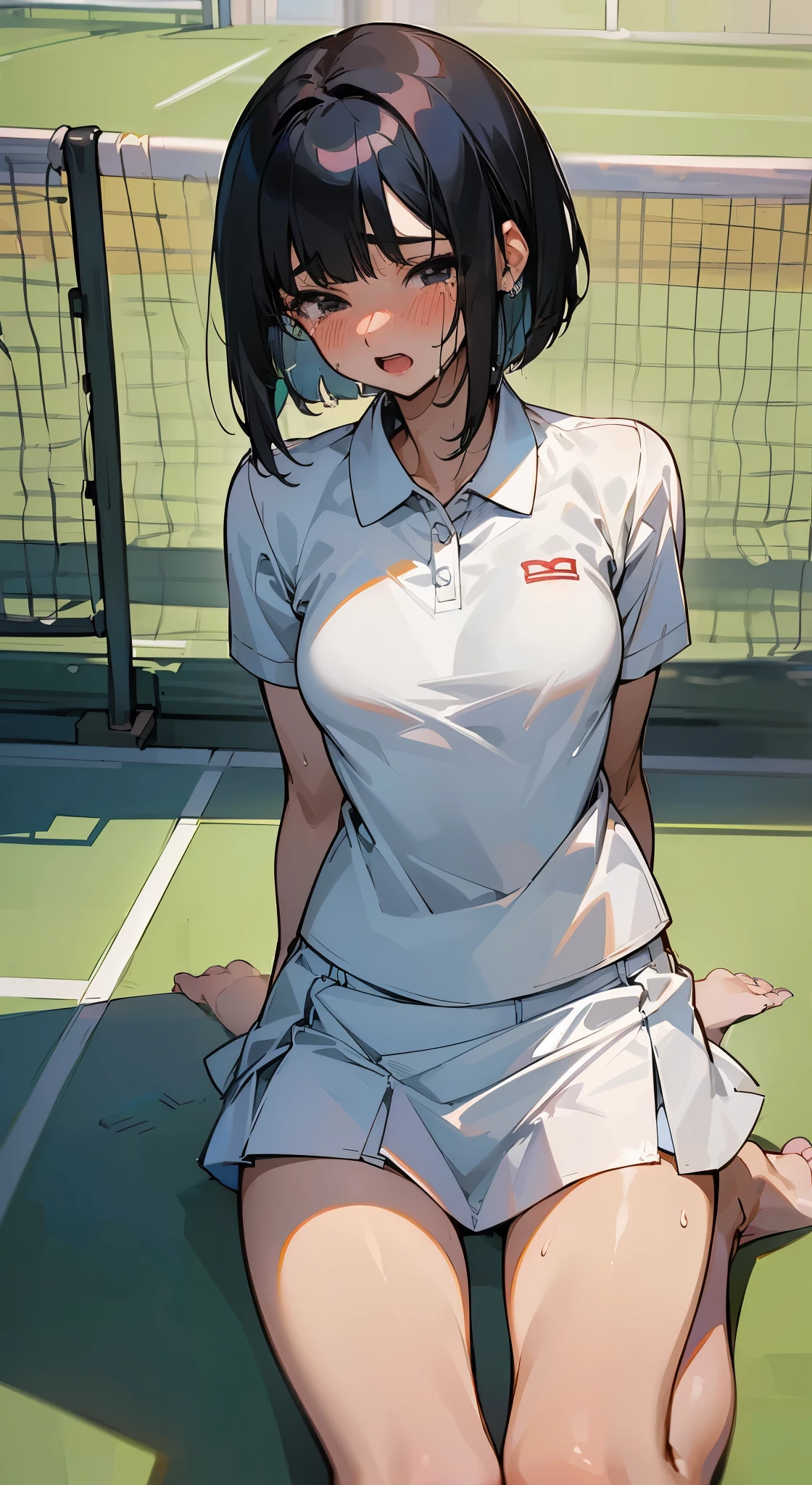 ((A face drawn with clear lineasterpiece))), (((Best Quality))),(Beautiful Detailed anime FACE、Perfect drawing),Ultra High Resolution, Detailed,Perfect Anatomy,nsfw,cowboy shot,solo,20 year old beauty、Japanese、black hair,short bob hair,black eyes,crying、blush、open mouth