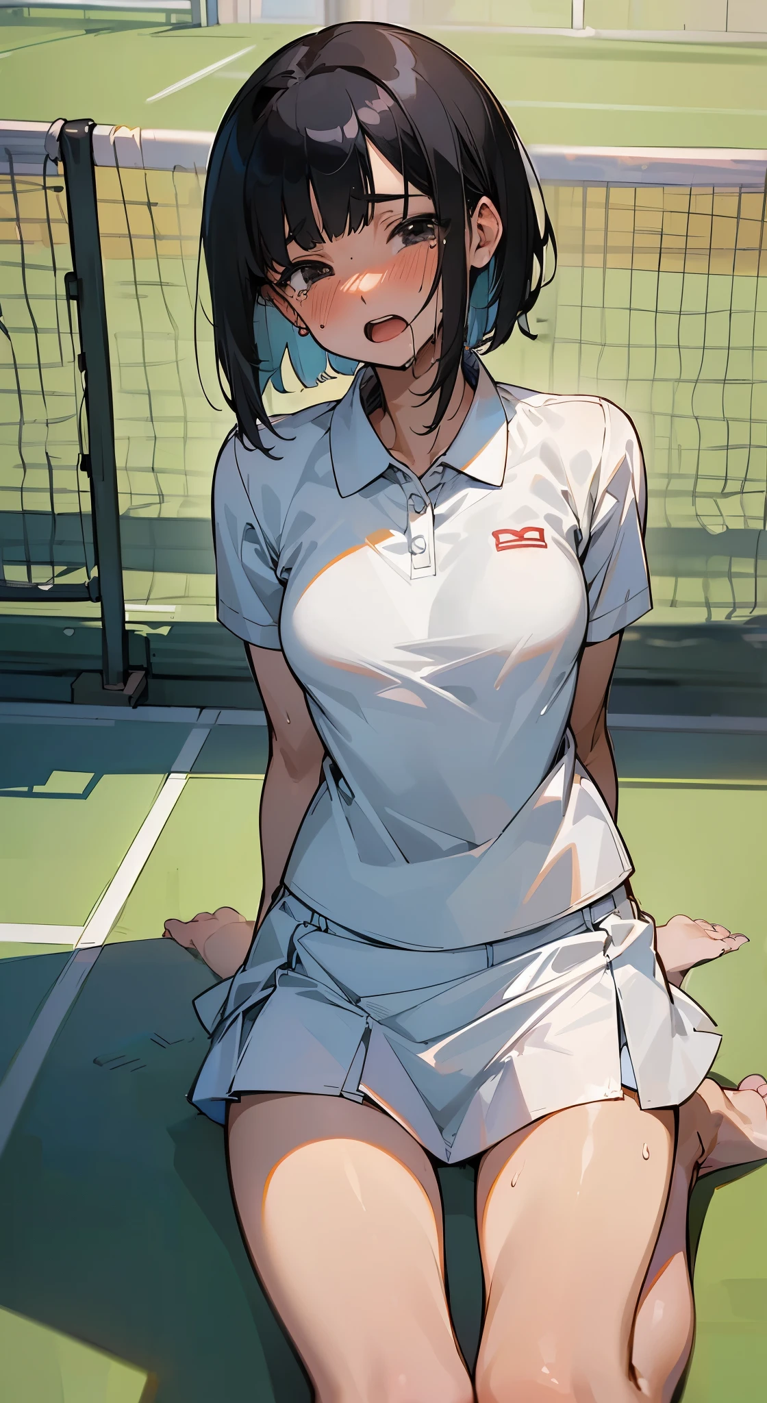 ((Masterpiece)), ((Best Quality)),(Beautiful Detailed anime FACE),Ultra High Resolution, Caustics, Detailed,Perfect Anatomy,nsfw,cowboy shot,solo20 year old beauty、Japanese、black hair,short bob hair,black eyes,slender body,ideal ratio body proportions,medium breasts,tan skin,gleaming skin,oily skin,shiny skin,squatting,training、painful expression、blush、open mouth,,(White tennis wear、body-conscious、white tight polo shirt、white tight mini skirt、perfect white panties,sweat:1.3),outdoors、Tennis court、