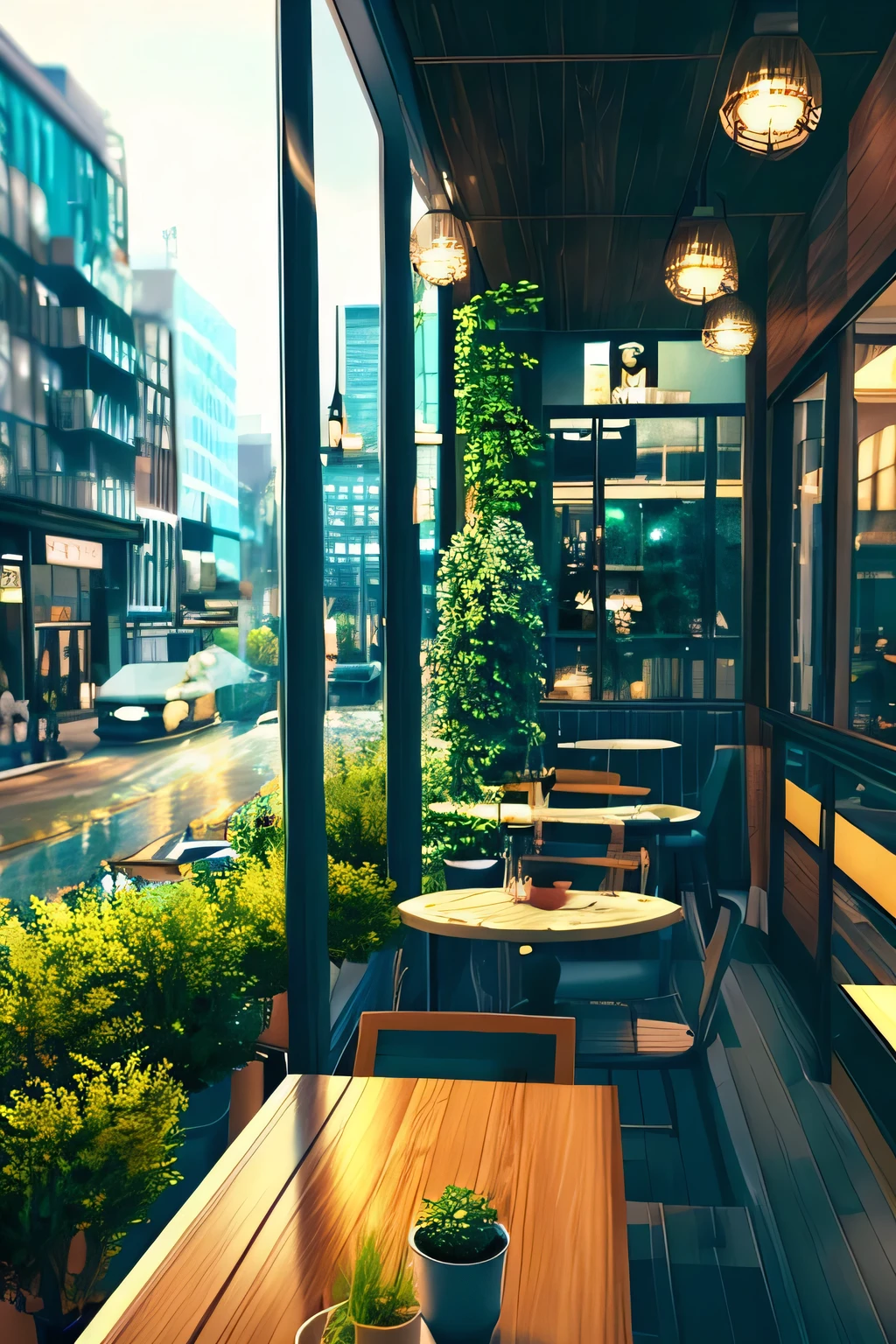 Balcony with city views includes table and chairs, cozy cafe background, Restaurant with terrace, photorealistic rendering, photorealistic streetscape, photorealistic style, Photorealistic movie rendering, photorealistic style, highly detailed scene, Render with Lumion Pro, Surrealistic detailed rendering, Best of Adobe Stock, realistic afternoon lighting
