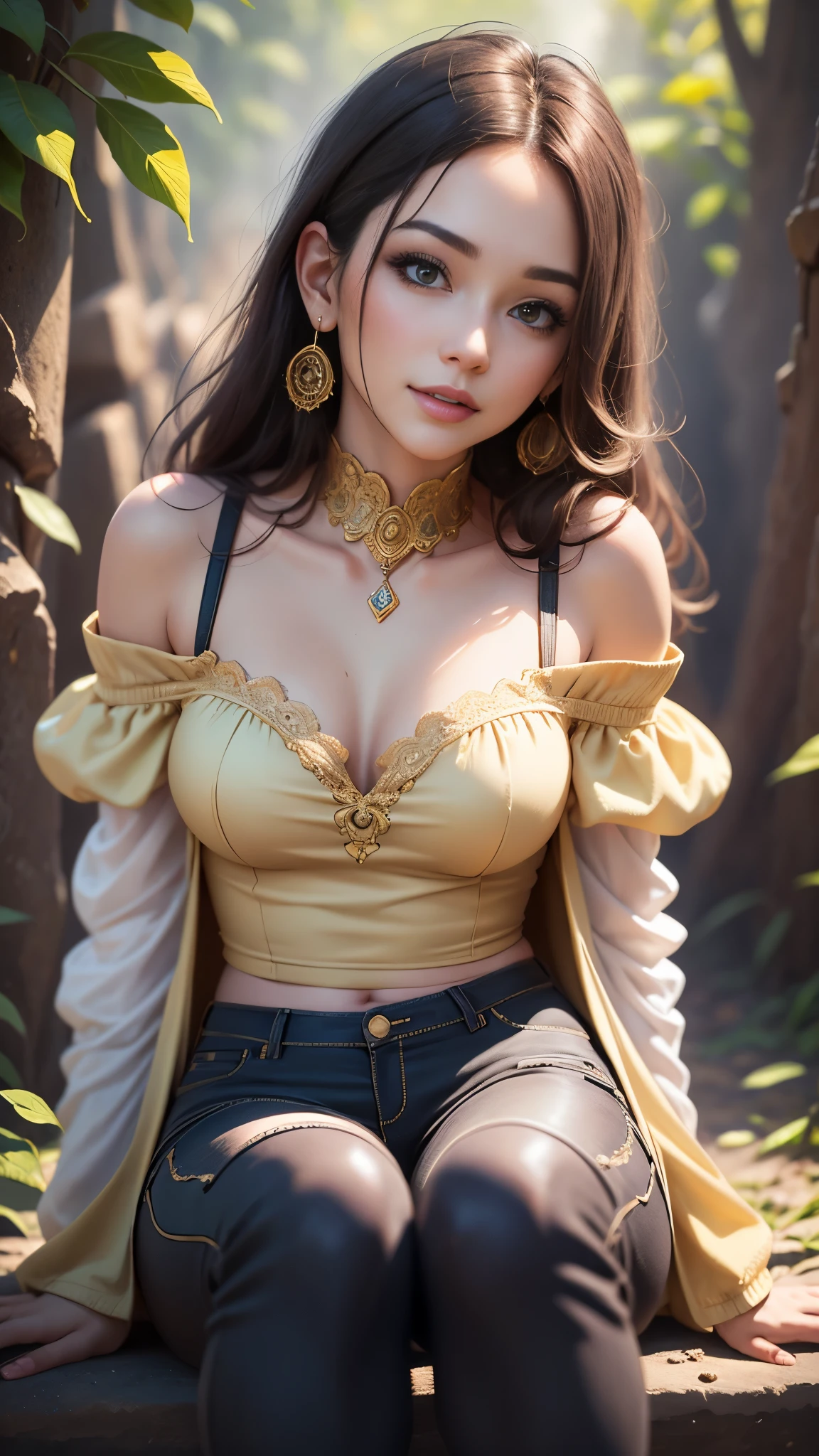 Belle, 1girl, solo, looking at viewer, smile, shirt, bare shoulders, jewelry, sitting on a spring, full body, flower, earrings, pants, off shoulder, crop top, makeup, bird, border, sun, mid day, off-shoulder shirt (realistic:1.2), (realism), (masterpiece:1.2), (best quality), (ultra detailed), (8k, 4k, intricate),(full-body-shot:1), (85mm),light particles, lighting, (highly detailed:1.2),(detailed face:1.2), (gradients), sfw, colorful,(detailed eyes:1.2)(detailed background),detailed landscape, (dynamic angle:1.2), (dynamic pose:1.2), (rule of third_composition:1.3), (Line of action:1.2)