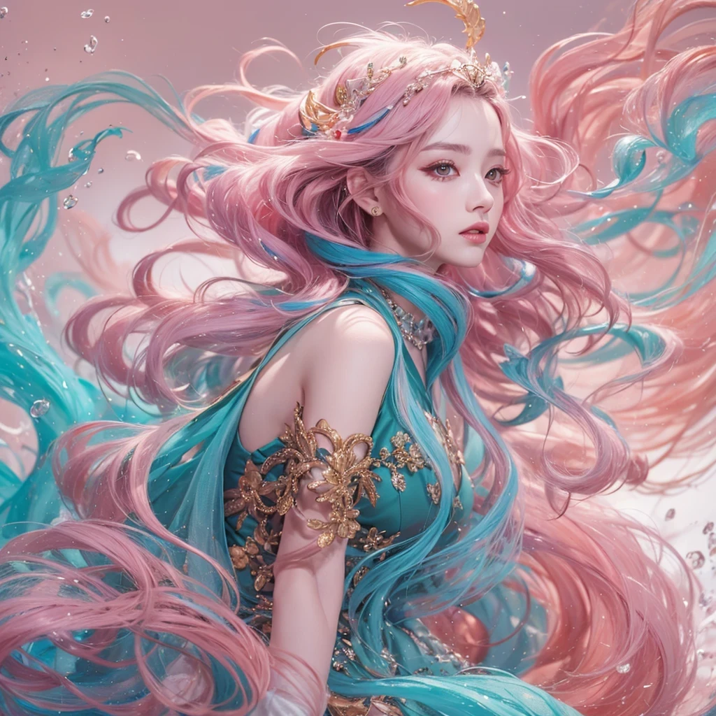 Goose pink blue color,enamel,agate,A flesh-colored world,Blood Blue Girl 32K(masterpiece,HD,Aoyama Pond,Ultra high quality,32)long flowing bright blue hair,blood pool,Ziddink, a color,Grumpy (After greeting), (Linen scarf), fighting stance, looking at the ground, Goose pink long hair, Floating bright blue, Fire cloud gold headdress, Chinese long-sleeved gold silk burgundy garment, (Abstract metaverse splash:1.2), White background,Peony flower vitality protector(粉realisticlying:1.4),bright purple hair,Smoke on the road,The background is very pure, high resolution, detail, RAW photos, Sharp Re, Nikon D850 film photo by Jefferies Lee 4 Kodak Portra 400 camera F1.6 guns, Rich pink shade, Ultra-realistic and vivid textures, dramatic lighting, Unreal Engine Art Station Trend, Sinest Powder 800,一个有着long flowing bright blue hair的女孩,Huge colorful bubbles鹅粉黄