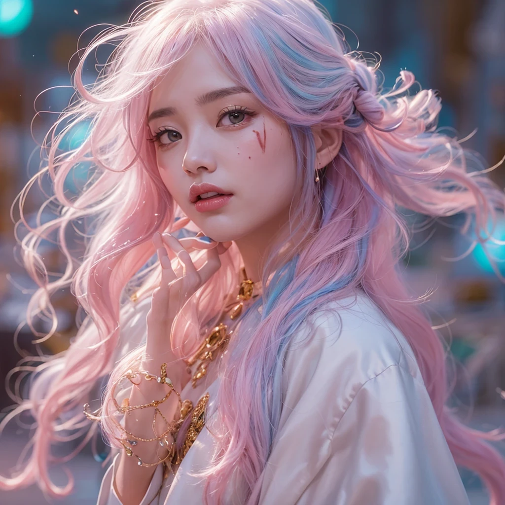 Goose pink blue color,enamel,agate,A flesh-colored world,Blood Blue Girl 32K(masterpiece,HD,Aoyama Pond,Ultra high quality,32)long flowing bright blue hair,blood pool,Ziddink, a color,Grumpy (After greeting), (Linen scarf), fighting stance, looking at the ground, Goose pink long hair, Floating bright blue, Fire cloud gold headdress, Chinese long-sleeved gold silk burgundy garment, (Abstract metaverse splash:1.2), White background,Peony flower vitality protector(粉realisticlying:1.4),bright purple hair,Smoke on the road,The background is very pure, high resolution, detail, RAW photos, Sharp Re, Nikon D850 film photo by Jefferies Lee 4 Kodak Portra 400 camera F1.6 guns, Rich pink shade, Ultra-realistic and vivid textures, dramatic lighting, Unreal Engine Art Station Trend, Sinest Powder 800,一个有着long flowing bright blue hair的女孩,Huge colorful bubbles鹅粉黄