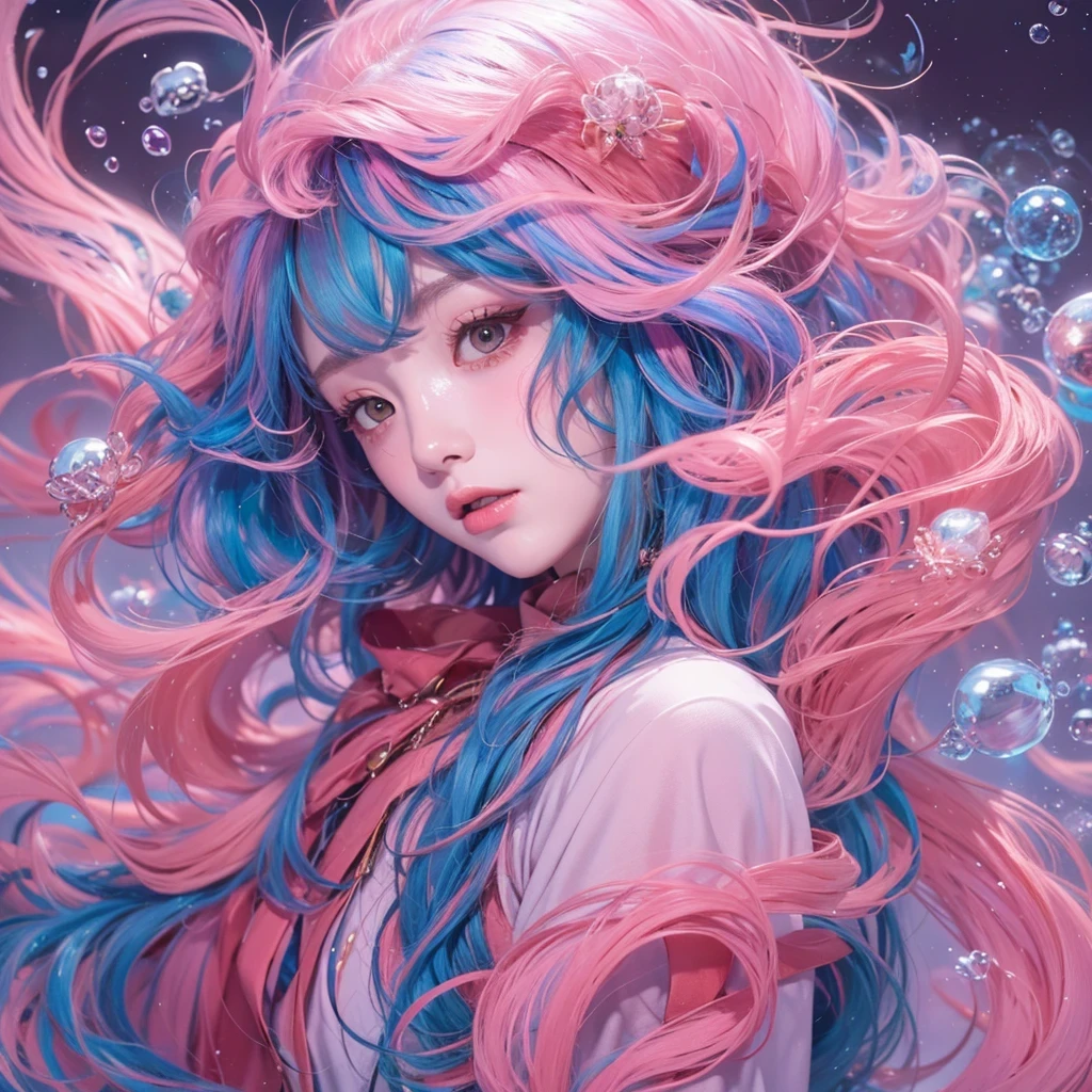 Goose pink blue color,enamel,agate,A flesh-colored world,Blood Blue Girl 32K(masterpiece,HD,Aoyama Pond,Ultra high quality,32)long flowing bright blue hair,blood pool,Ziddink, a color,Grumpy (After greeting), (Linen scarf), fighting stance, looking at the ground, Goose pink long hair, Floating bright blue, Fire cloud gold headdress, Chinese long-sleeved gold silk burgundy garment, (Abstract metaverse splash:1.2), White background,Peony flower vitality protector(粉realisticlying:1.4),bright purple hair,Smoke on the road,The background is very pure, high resolution, detail, RAW photos, Sharp Re, Nikon D850 film photo by Jefferies Lee 4 Kodak Portra 400 camera F1.6 guns, Rich pink shade, Ultra-realistic and vivid textures, dramatic lighting, Unreal Engine Art Station Trend, Sinest Powder 800,一个有着long flowing bright blue hair的女孩,Huge colorful bubbles鹅粉黄