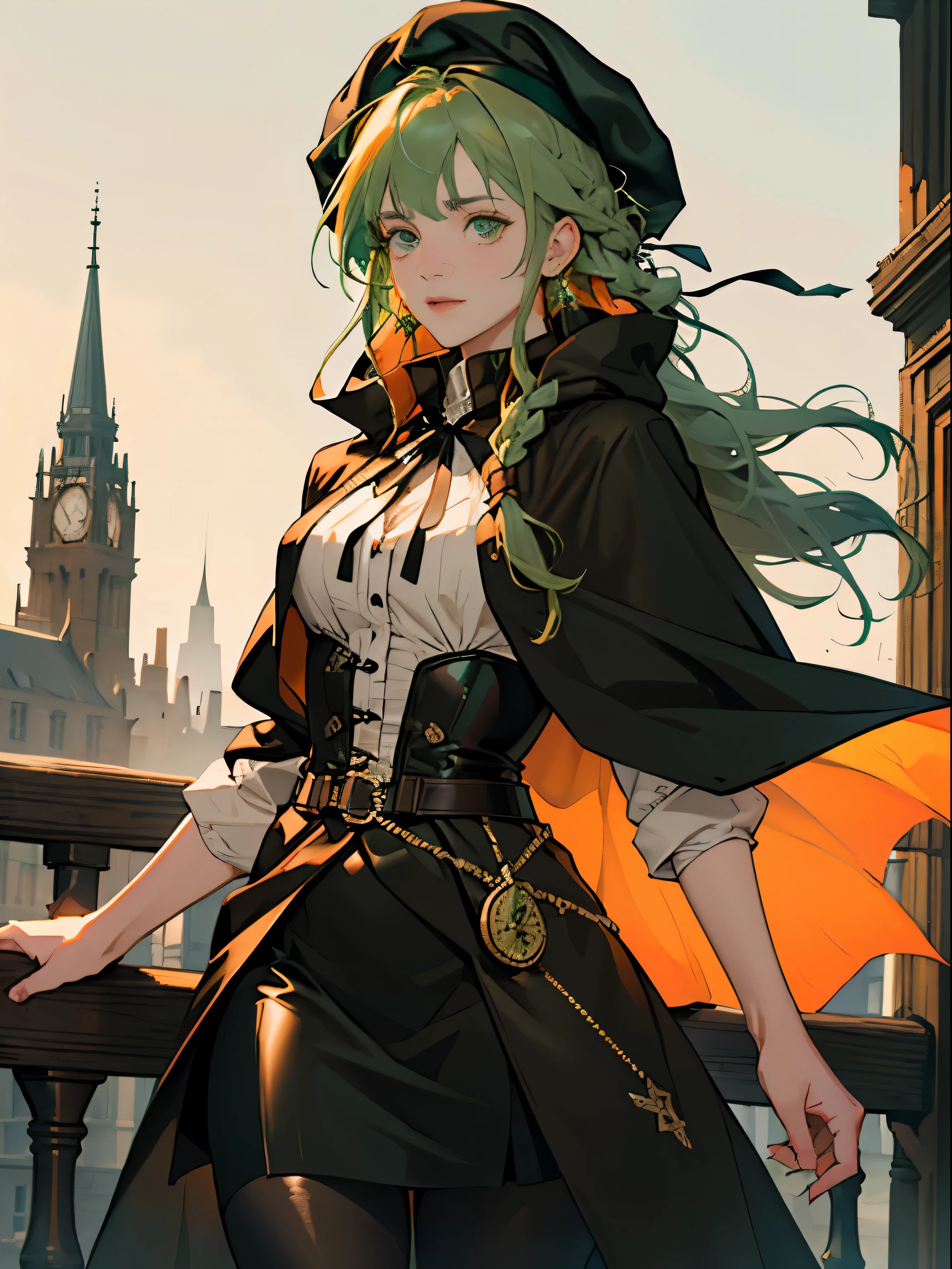 masterpiece, Super detailed, 8K portrait, RAW photo, portrait photography, highly detailed face, beautiful and detailed eyes, ((fantasy)), young and beautiful, 22 years ago, dynamic pose, (((long straight deep green hair))), ((One side is woven with orange ribbon)), dull bangs, beret, white skin color, luxury, hooded (((Dark brown))) (((Silk Long Cloak))) fluttering in the wind, (((dress shirt))), (((silk maxi skirt))), leather corset, (((dark thigh high tights))), High Cut Leather Boots, (((Lift a long magic wand))), ((wear a pocket watch)), midday sun, surreal, body model, small breasts, beautiful breasts, long legs, city, environmental lighting, shadow details , focus the camera on the face, strong wind, light fog