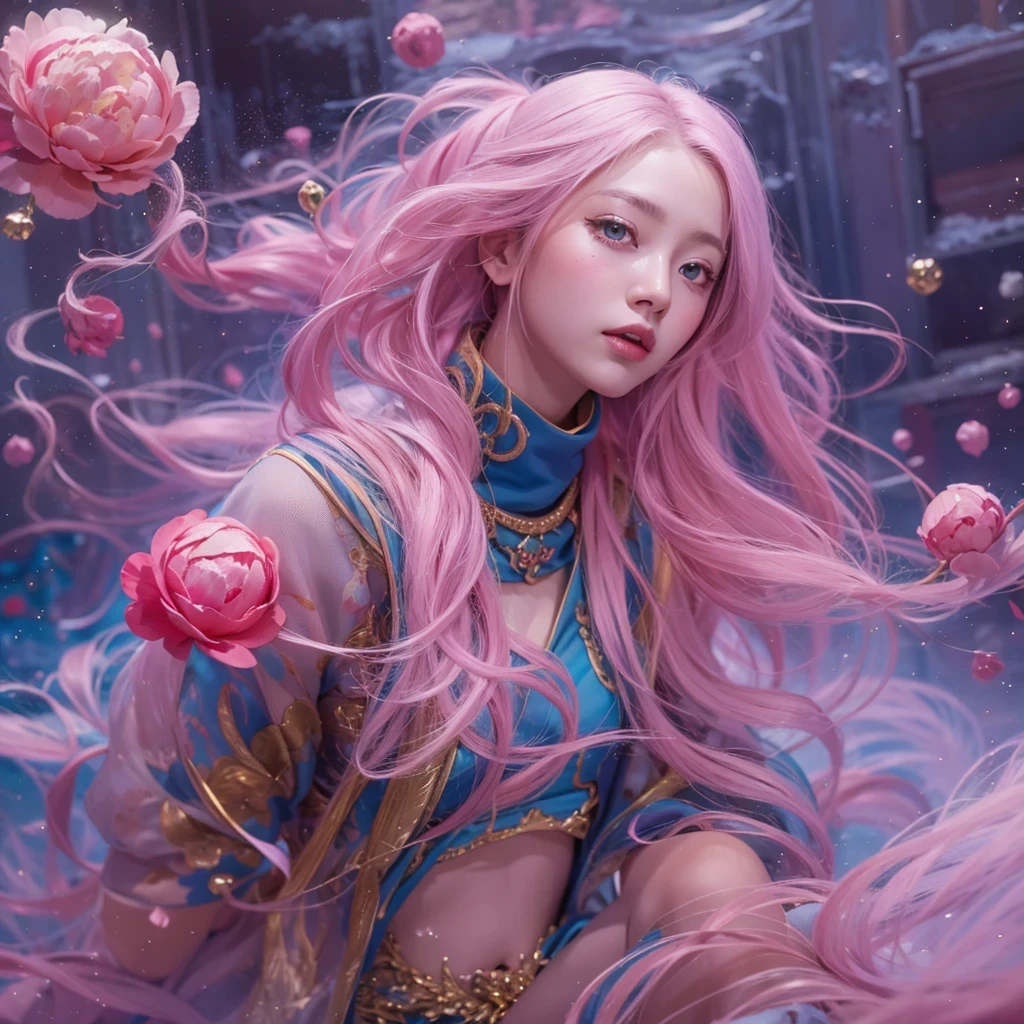 Goose pink blue color,enamel,agate,A flesh-colored world,Blood Blue Girl 32K(masterpiece,HD,Aoyama Pond,Ultra high quality,32)long flowing bright blue hair,blood pool,Ziddink, a color,Grumpy (After greeting), (Linen scarf), fighting stance, looking at the ground, Goose pink long hair, Floating bright blue, Fire cloud gold headdress, Chinese long-sleeved gold silk burgundy garment, (Abstract metaverse splash:1.2), White background,Peony flower vitality protector(粉realisticlying:1.4),bright purple hair,Smoke on the road,The background is very pure, high resolution, detail, RAW photos, Sharp Re, Nikon D850 film photo by Jefferies Lee 4 Kodak Portra 400 camera F1.6 guns, Rich pink shade, Ultra-realistic and vivid textures, dramatic lighting, Unreal Engine Art Station Trend, Sinest Powder 800,一个有着long flowing bright blue hair的女孩,Huge colorful bubbles鹅粉黄