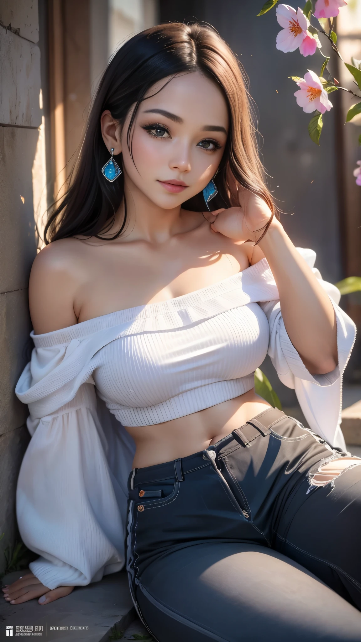 Belle, 1girl, solo, looking at viewer, smile, shirt, bare shoulders, jewelry, sitting on a spring, full body, flower, earrings, pants, off shoulder, crop top, makeup, bird, border, sun, mid day, off-shoulder shirt (realistic:1.2), (realism), (masterpiece:1.2), (best quality), (ultra detailed), (8k, 4k, intricate),(full-body-shot:1), (85mm),light particles, lighting, (highly detailed:1.2),(detailed face:1.2), (gradients), sfw, colorful,(detailed eyes:1.2)(detailed background),detailed landscape, (dynamic angle:1.2), (dynamic pose:1.2), (rule of third_composition:1.3), (Line of action:1.2)