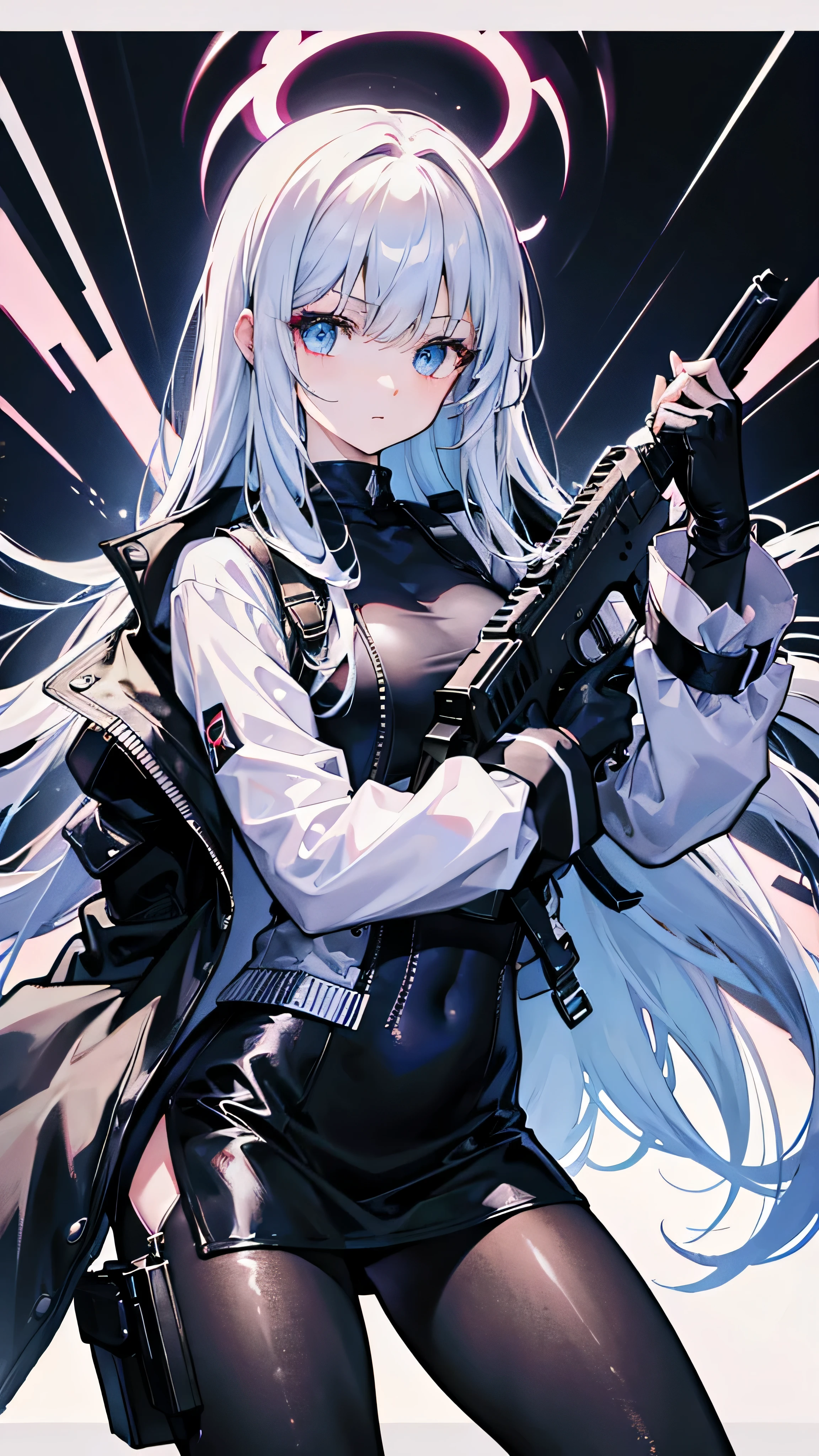 Highres, high quality, Epic light atmosphere, stunning 4k artwork featuring a female, eye glowing, long hair ,clothes, jacket on shoulders, demon female, black legwear, modern clothes, carrying firearm