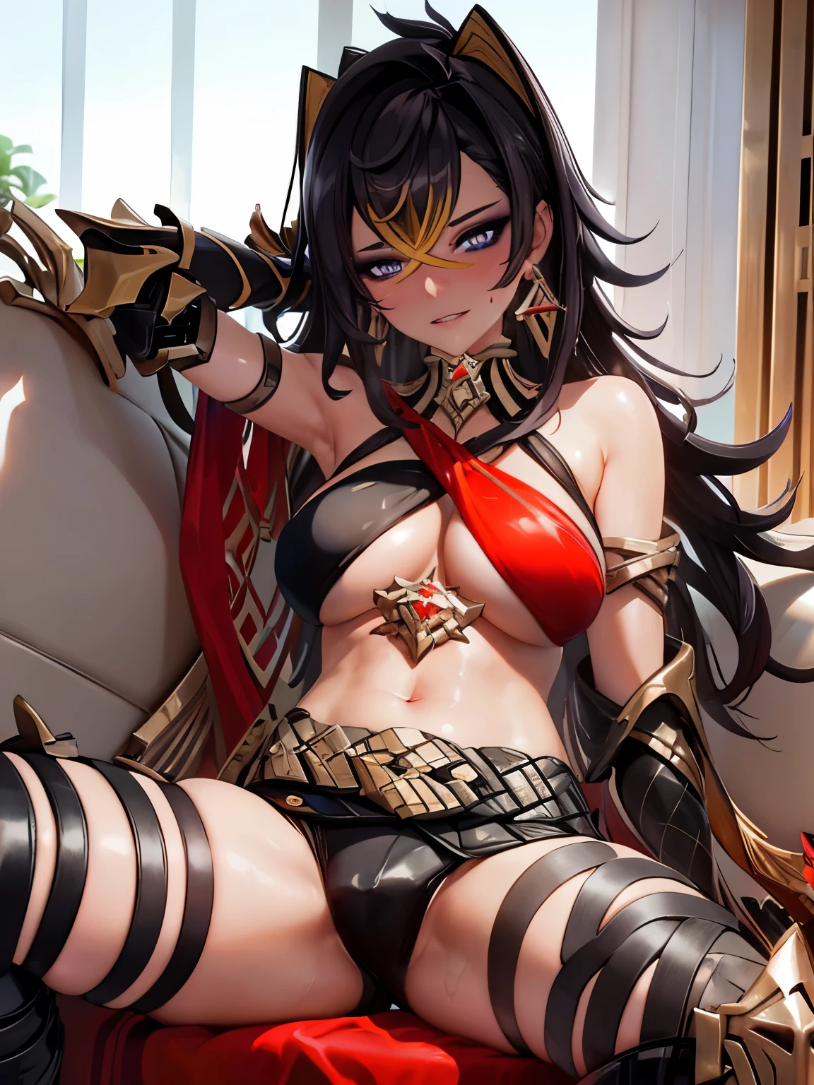 UHD,textured skin, high details, anatomically correct,SOLO,(1 Female,dark skin,Big oppai),(black long hair)，(Wearing A loose bikini Armor:1.7)，(Spreading legs:1.7),(sitting on the Lux sofa:1.7)(hotel bedroom)，(hands behind her head:1.7),(sweating skin:1.7),(full blush:1.4),(Genshin Impact/Dehya)
