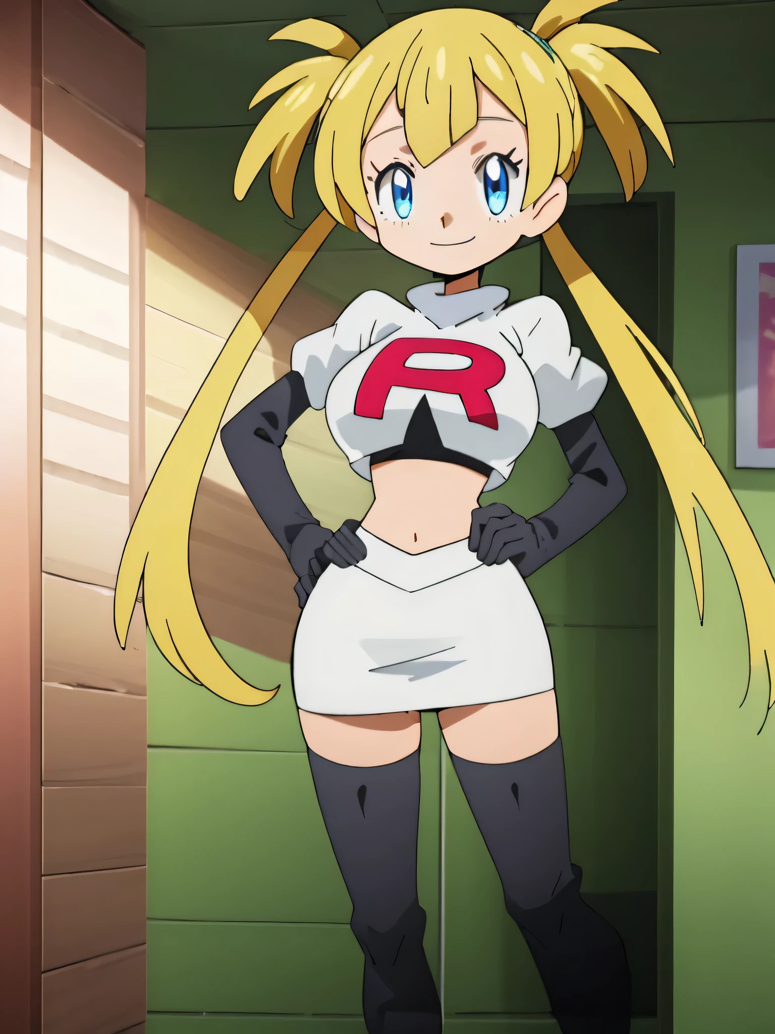 (1girl in:1.2), (Solo:1.2), masutepiece, nffsw、Shaders、Brilliant Textured Work、Ultra-detailed eyes、ultra-intricate pupil in eyes、top-quality、Sparkling eyes、pale yellow hair、drills twintails、length hair、(serious), (smile), (teeth)、(iridescent eyes:1.2)、(hollow eyes, half-closed eyes)、(sketch)、Magical Girl Clothes、Yellow costume、Tiered houlder out、Separated sleeves、Wide sleeves、(White gloves:1.1)、Magical Girl Boots、Standing Picture、GameCG、dynamic ungle、A Princess、Bulging breasts、Tiara on the head、Appeal to us、8k,1girl in, (solo:1.1), (perfect body:1.1), (best quality:1.1), very large breast, team rocket, team rocket uniform, red letter r, white skirt,white crop top,black thigh-high boots, black elbow gloves, smiling, looking down at viewer, hands on hips,zettai ryouiki,cowboy shot