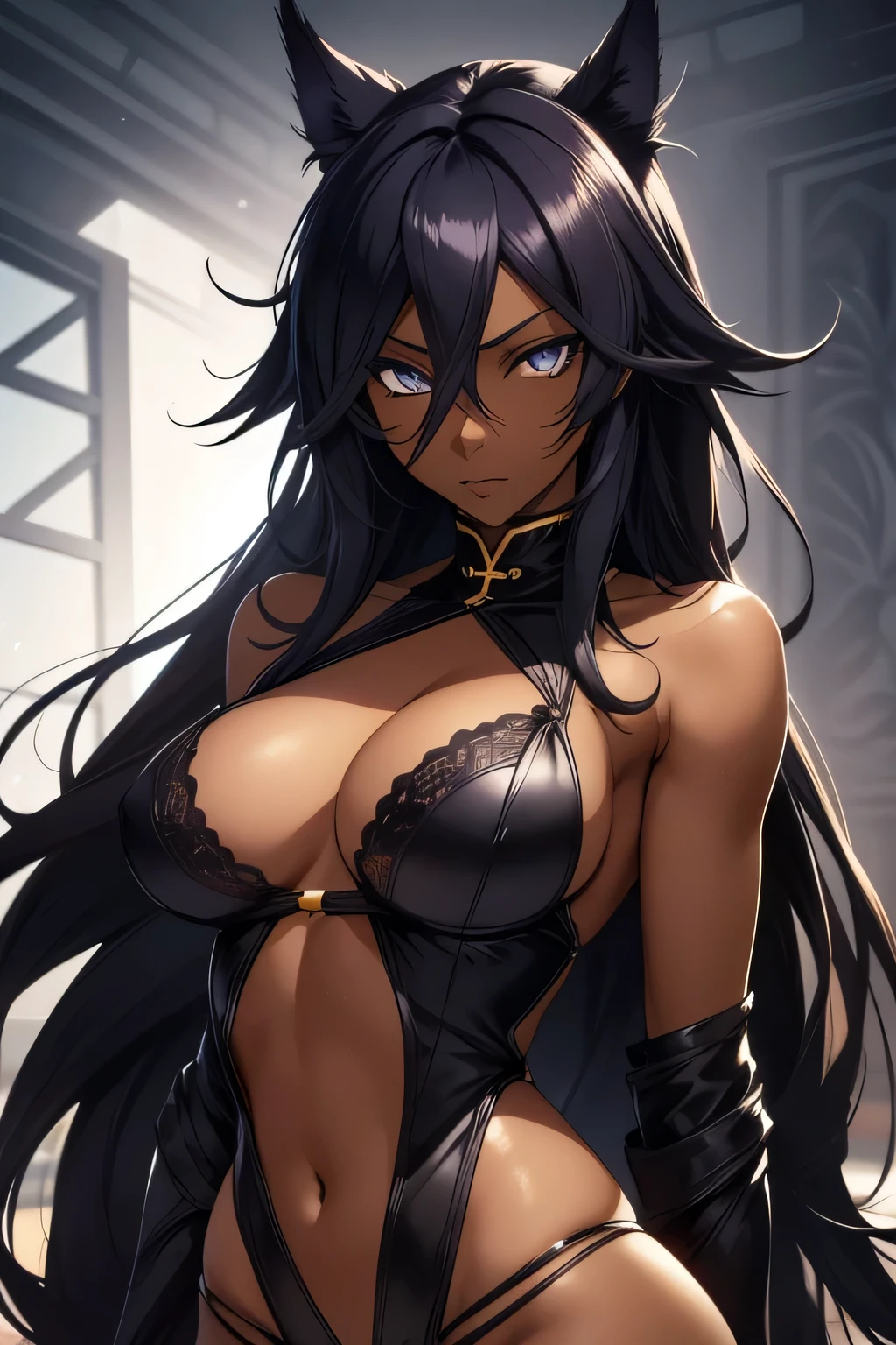 yoruichi shihouin, bleach, dark skin, long hair, gold eyes, ((detailed eyes:1.2)), large breasts, wearing lingerie, sexy, sensual, sleeveless, sideboob, underboob, masterpiece, top quality, best quality, official art, beautiful and aesthetic:1.2), extreme detailed, colorful, highest detailed