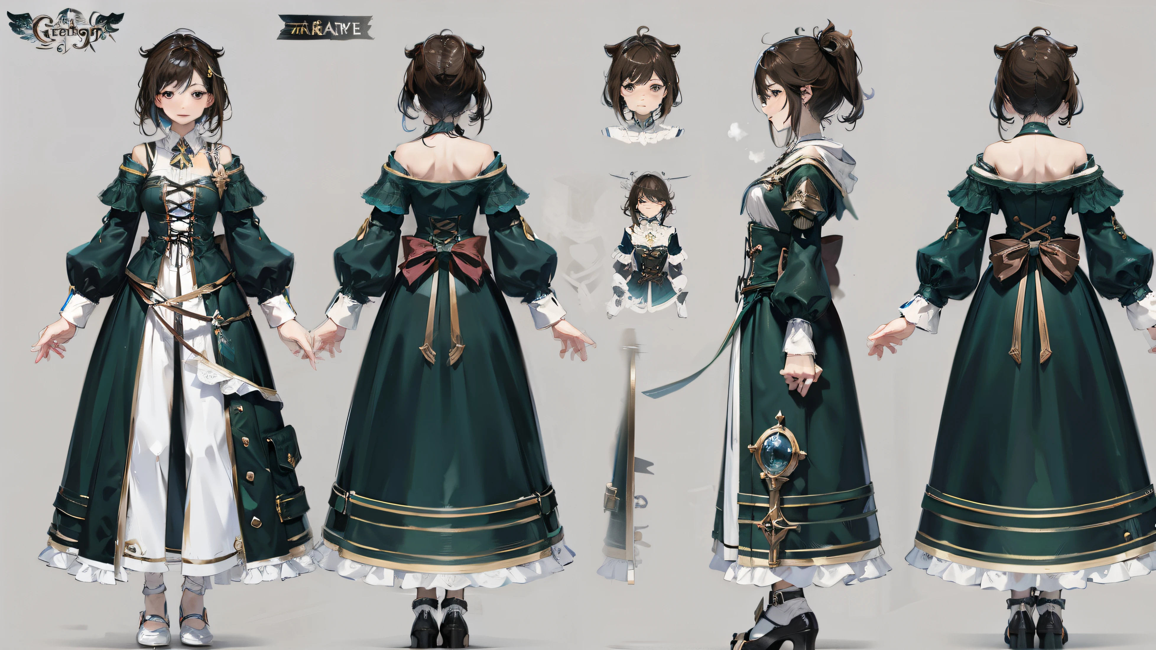 1 female, 20 years old, (granblue fantasy characters), Wearing a gothic dress,Magical girl， complete body, character design sheet，black hair，robe, Front view, side view, Rear view