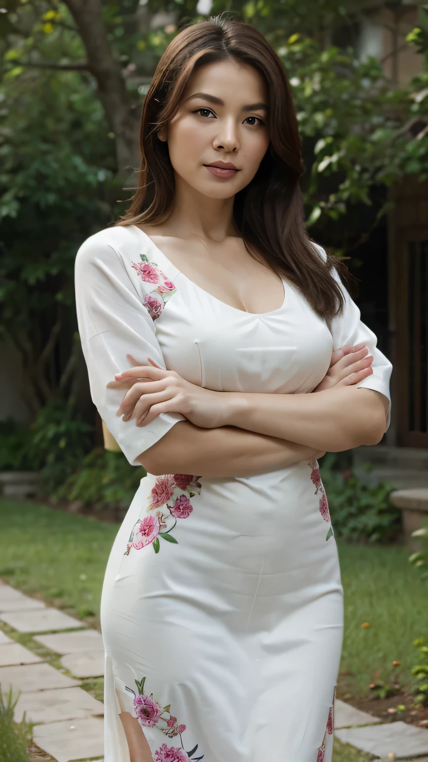 masseter membrane, top quality, Masterpiece, high resolution, realism, original photography, 8k wallpaper, flawless, professional lighting, Very detailed, depth of field, ((a beautiful woman)),((chinese woman)) ((50 year old sexy woman)), (Beside the garden path), ((Dresses with gorgeous colors and patterns)), ((look at the audience's eyes)), Detailed face, 漂亮s eyes, (elegant standing posture), (medium chest),good shape,light brown straight hair, (thick lips),((Mature and elegant)),((dignified and generous)),
