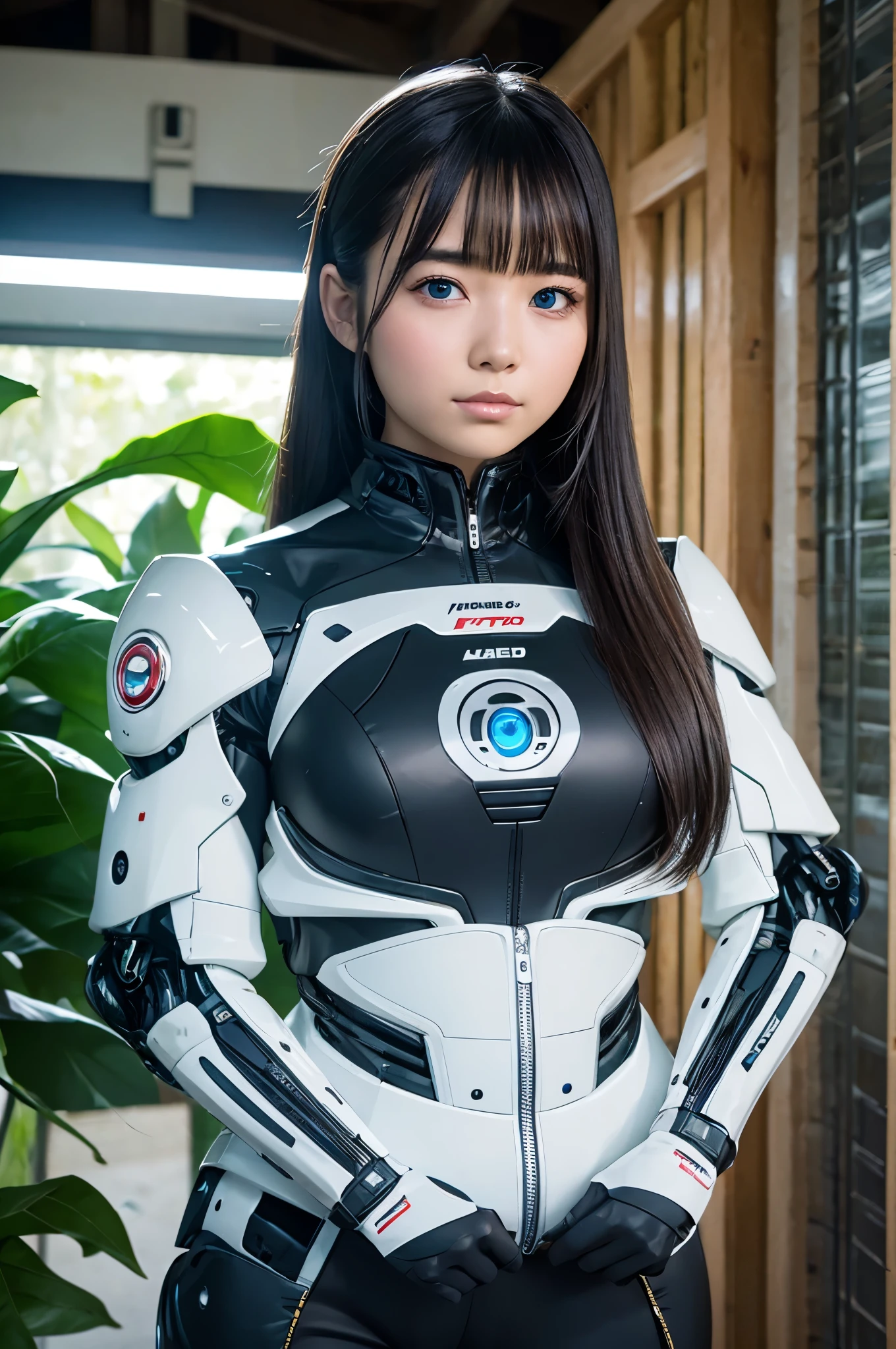 masterpiece, best quality, extremely detailed,portrait, Japanese android girl,Plump ,control panels,robot arms,robot,android,cyborg,robot body,blunt bangs,robot repair plant,black skinny pants,boots,blue eyes,