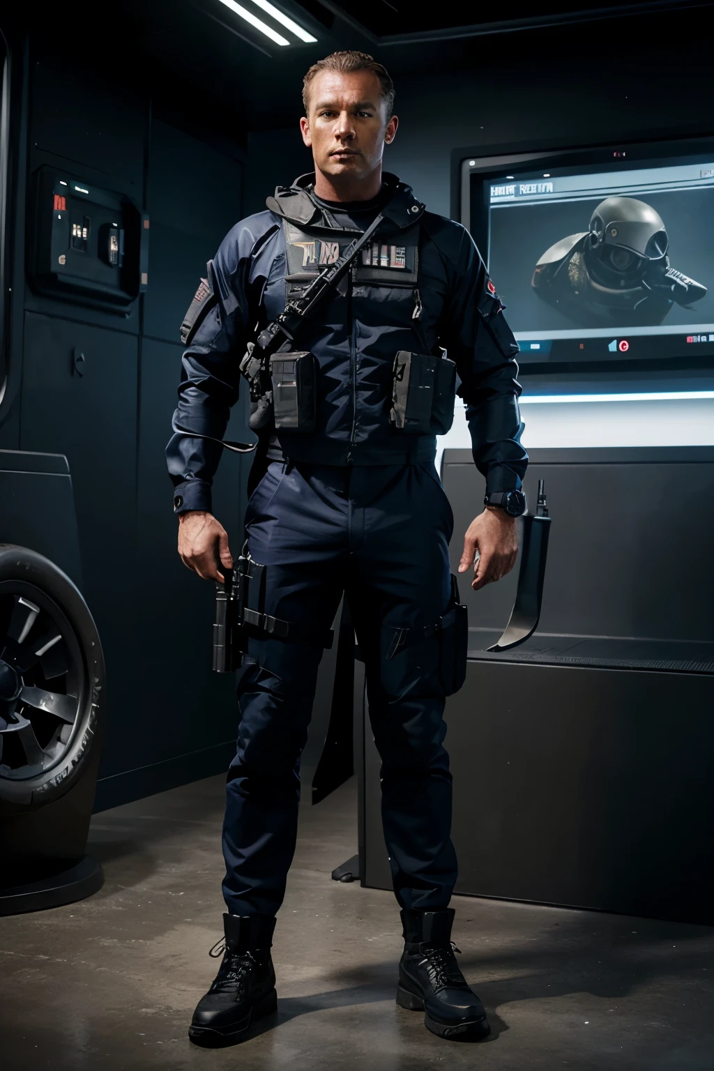 a 35 years English, full body, a futuristic navy seal, holding a machine gun