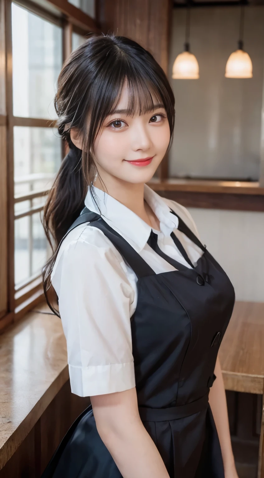(highest quality,masterpiece:1.3,ultra high resolution,),(Super detailed,caustics),(Photoreal:1.4,RAW shooting,)ultra-realistic capture,very detailed,High resolution 16K human skin close-up。 natural skin texture、,The pores are、、、Must be detailed enough to be easily identified。 Skin should look even-toned and healthy。 Use natural light and color,restaurant,waitress uniform,1 girl,Japanese,18-year-old,cute,black haired,ponytail,big breasts,smile,turn your body forward,(Front view:1.1),look at the camera,cowboy shot,