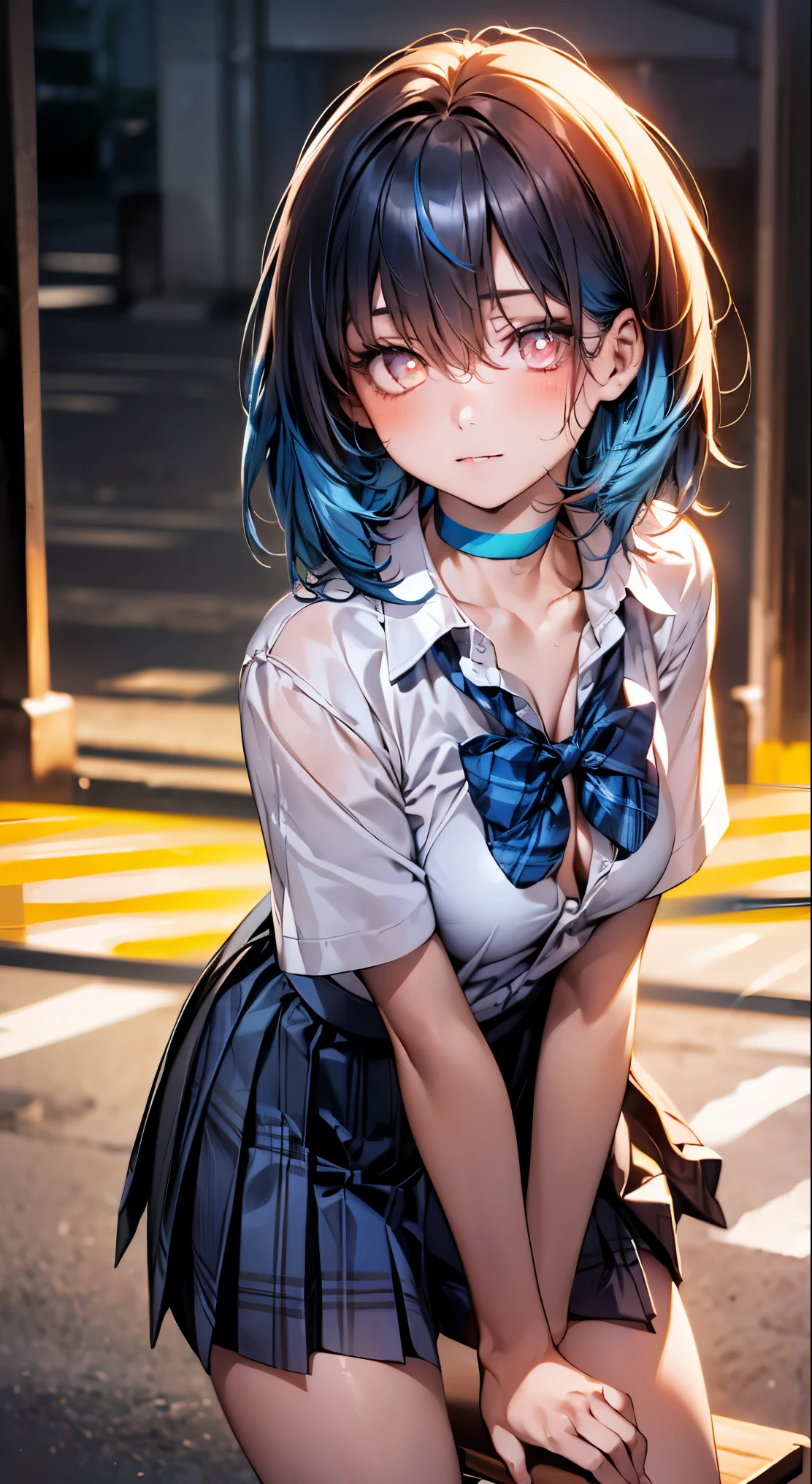 (masterpiece:1.2, highest quality), (realistic, photorealistic:1.4), beautiful illustrations, 
looking at the viewer, whole body, Front view:0.6, 
1 girl, Japanese, high School girl, ((medium hair:1.9, neon blue hair:1.6)), blown hair, bangs, hair between eyes, medium breasts:1.8, 
beautiful hair, beautiful and detailed eyes, beautiful clavicle, beautiful breasts, beautiful thighs, beautiful feet, beautiful fingers, 
(beautiful scenery), , School,
((collared short sleeve shirt, white shirt, , Grey plaid pleated skirt, blue plaid bow tie, choker)), 
(Are standing, grab the hem of the skirt, put your hand on your chest, hand between legs, leaning forward), 
blush, (Shining eyes:1.6)