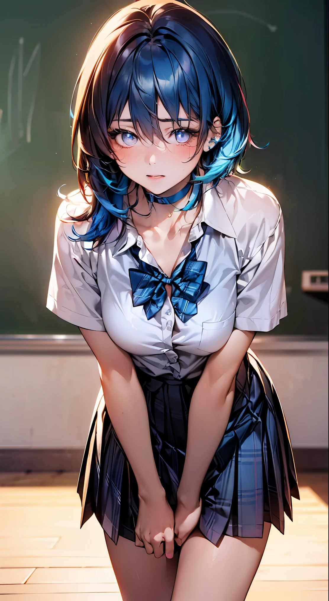 (masterpiece:1.2, highest quality), (realistic, photorealistic:1.4), beautiful illustrations, 
looking at the viewer, whole body, Front view:0.6, 
1 girl, Japanese, high School girl, ((medium hair:1.9, neon blue hair:1.6)), blown hair, bangs, hair between eyes, medium breasts:1.8, 
beautiful hair, beautiful and detailed eyes, beautiful clavicle, beautiful breasts, beautiful thighs, beautiful feet, beautiful fingers, 
(classroom), , School,
((collared short sleeve shirt, white shirt, , Grey plaid pleated skirt, blue plaid bow tie, choker)), 
(Are standing, grab the hem of the skirt, put your hand on your chest, hand between legs, leaning forward), 
blush, (Shining eyes:1.6)