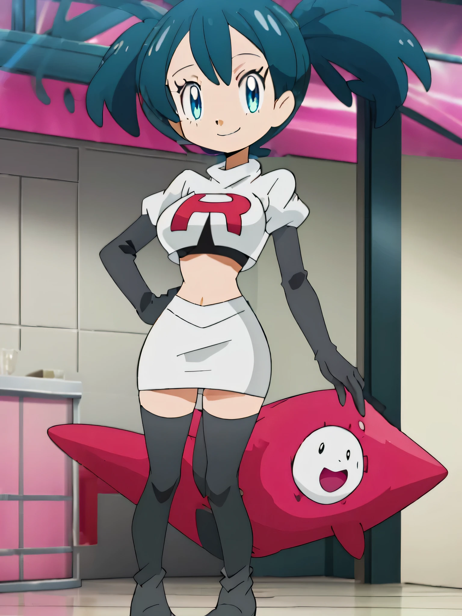 Millium Orion, blue hair, short hair, antenna hair, ahoge, yellow eyes,black hat,headwear,masterpiece,best quality,high res,high quality,8k, masterpiece,highres, team rocket uniform, red letter r, white skirt,white crop top,black thigh-high boots, black elbow gloves,evil smile, looking down at viewer, hands on hips, cowboy shot, zettai ryouiki,sitting on toilet.spread legs,from below, black panties,anime art style,detailed facial features, highly detailed, 8k, photorealistic, vibrant colors, dramatic lighting, cinematic composition,