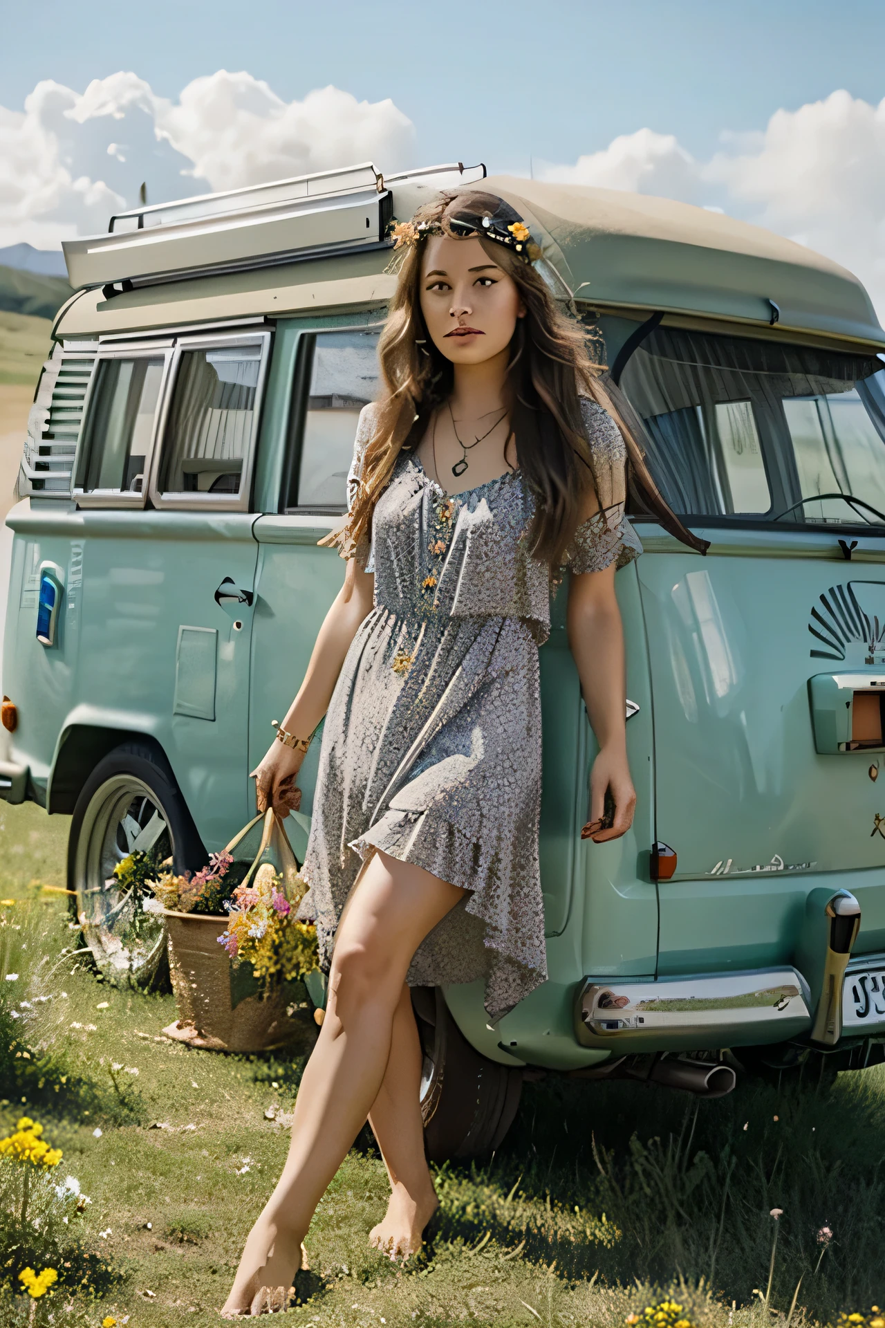  A flower-filled meadow with a vintage camper van in the background.
Flowy bohemian dress with layered jewelry, barefoot with wildflowers in her hair