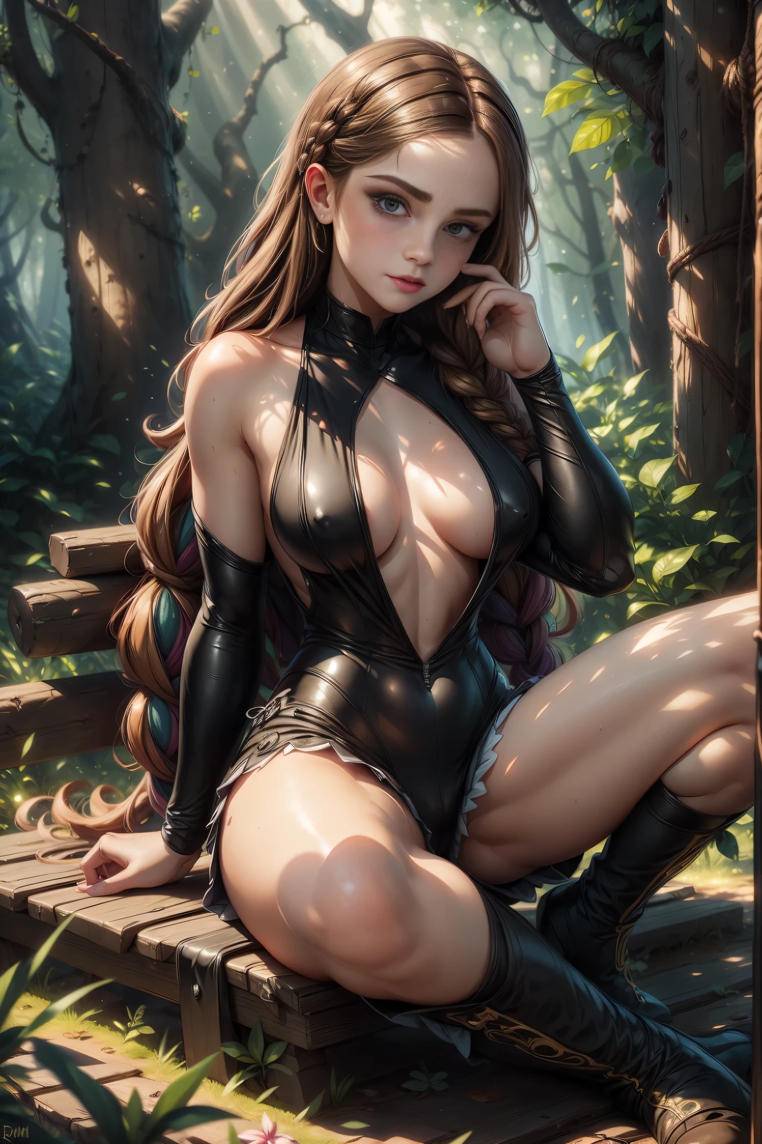 masterpiece. detailed oil painting of teen Emma Watson as a fairy, athletic. hair in braids, shorts for the summer. she is wearing a Detailed symbiote Venom costume, boots. night. in forest glade, light beams through tree leaves. long hair. sitting on stone bench incrusted jewels. background pet dragon.