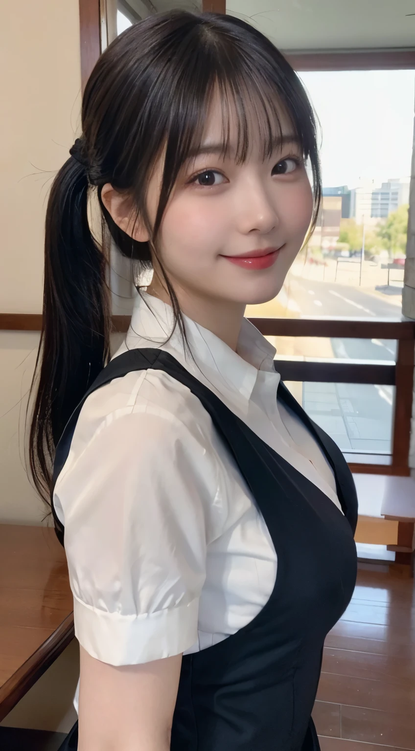 (highest quality,masterpiece:1.3,ultra high resolution,),(Super detailed,caustics),(Photoreal:1.4,RAW shooting,)ultra-realistic capture,very detailed,High resolution 16K human skin close-up。 natural skin texture、,The pores are、、、Must be detailed enough to be easily identified。 Skin should look even-toned and healthy。 Use natural light and color,restaurant,waitress uniform,1 girl,Japanese,18-year-old,cute,black haired,ponytail,,smile,turn your body forward,(Front view:1.1),look at the camera,cowboy shot,