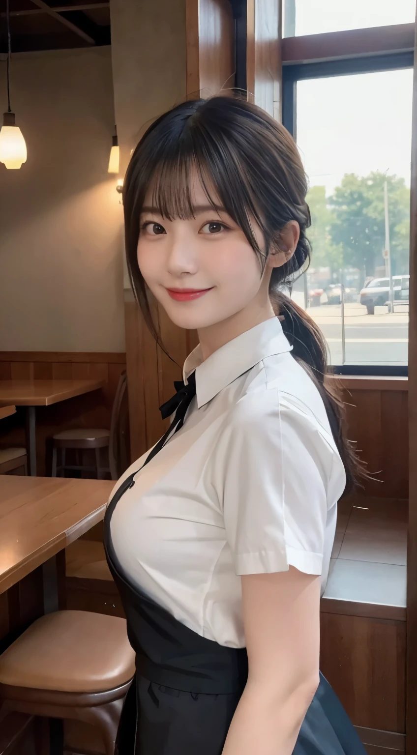 (highest quality,masterpiece:1.3,ultra high resolution,),(Super detailed,caustics),(Photoreal:1.4,RAW shooting,)ultra-realistic capture,very detailed,High resolution 16K human skin close-up。 natural skin texture、,The pores are、、、Must be detailed enough to be easily identified。 Skin should look even-toned and healthy。 Use natural light and color,restaurant,waitress uniform,1 girl,Japanese,18-year-old,cute,black haired,ponytail,big breasts,smile,turn your body forward,(Front view:1.1),look at the camera,cowboy shot,
