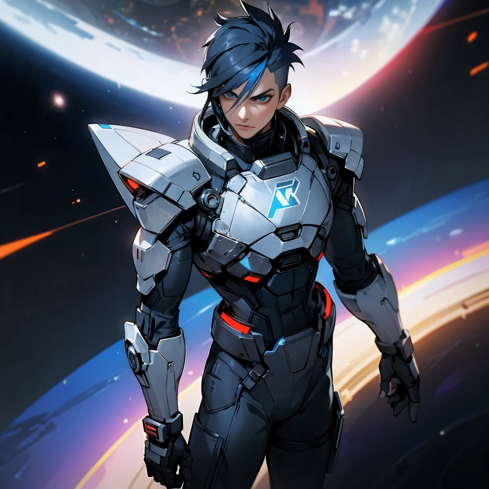 1male, adult, finely detailed blue eyes, black mohawk, faded haircut, mass effect space armor, war paint, bandolier across chest, jetpack, standing with hands in pocket, standing in space hanger