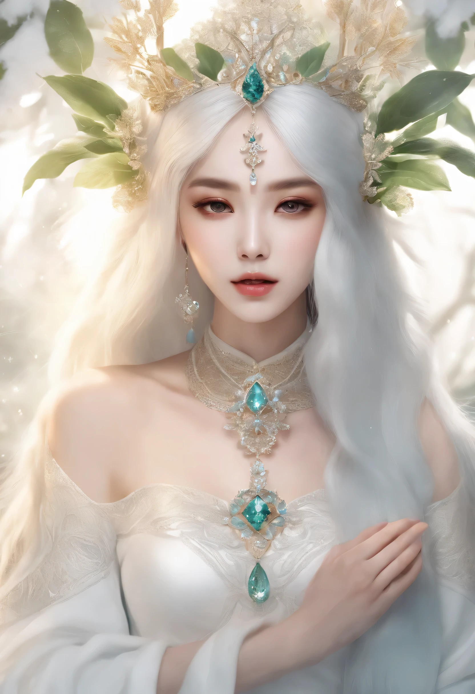 Wearing an ice crown、chinese woman， White background，long black hair.eye symmetry，Winter queen, elf princess, retrato de uma elf queen, elf queen, winter princess, uma elf queen, art bud em artstation pixiv, bela e elegante elf queen, whole body.great environment. Sunlight. Sunlight. Warm highlights. Blue and yellow-green color palette.  Woman wrapped in towel touching forehead with hand, woman with porcelain skin,  smooth facial features, woman cosmic essence, bright clear eyes，dramatic lighting, holy, dreamlike, cosmic, 