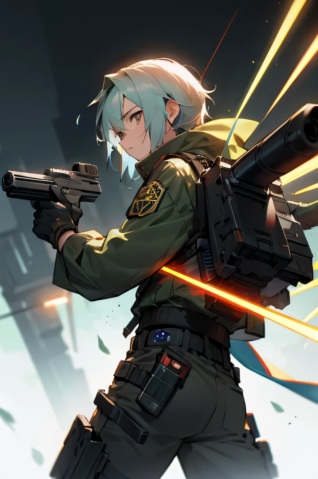 Young adult, Male, bounty Hunter gear, laser gun's, town background