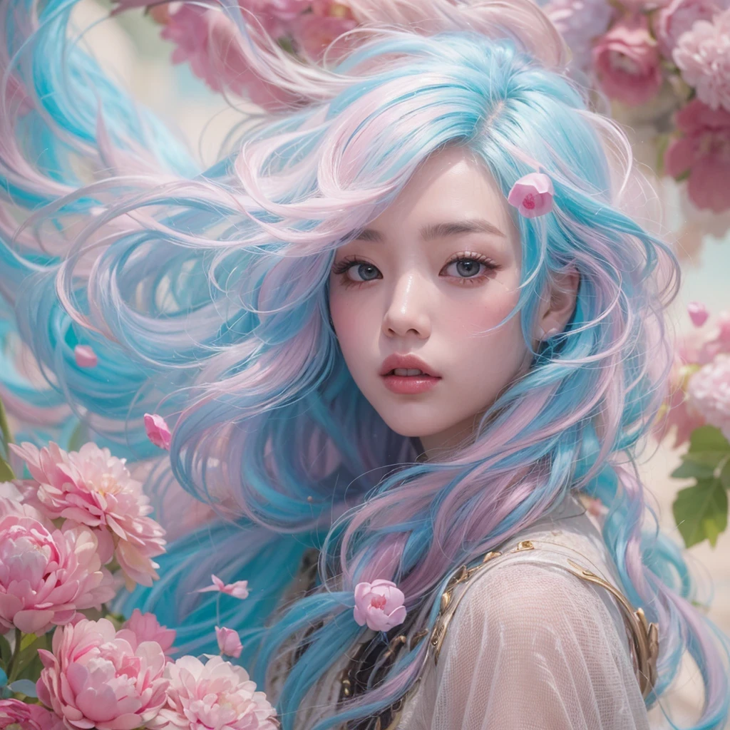 Goose pink blue color,enamel,agate,A flesh-colored world,Blood Blue Girl 32K(masterpiece,HD,Aoyama Pond,Ultra high quality,32)long flowing bright blue hair,blood pool,Ziddink, a color,Grumpy (After greeting), (Linen scarf), fighting stance, looking at the ground, Goose pink long hair, Floating bright blue, Fire cloud gold headdress, Chinese long-sleeved gold silk burgundy garment, (Abstract metaverse splash:1.2), White background,Peony flower vitality protector(粉realisticlying:1.4),bright purple hair,Smoke on the road,The background is very pure, high resolution, detail, RAW photos, Sharp Re, Nikon D850 film photo by Jefferies Lee 4 Kodak Portra 400 camera F1.6 guns, Rich pink shade, Ultra-realistic and vivid textures, dramatic lighting, Unreal Engine Art Station Trend, Sinest Powder 800,一个有着long flowing bright blue hair的女孩,Huge colorful bubbles鹅粉黄
