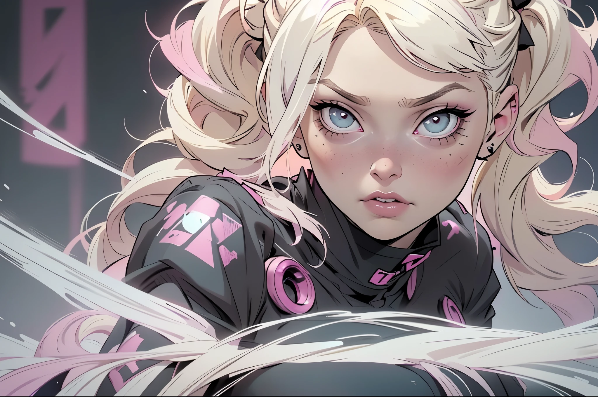 a close up of a person with a pink hair and a black shirt, pastel goth aesthetic, goth girl aesthetic, pastel goth, blond hair with pigtails, pigtails hairstyle, two pigtails hairstyle, extremely pale blond hair, she looks like a mix of grimes, pale goth beauty, blonde hair and large eyes, messy curly pastel hair, cute face. dark fantasy