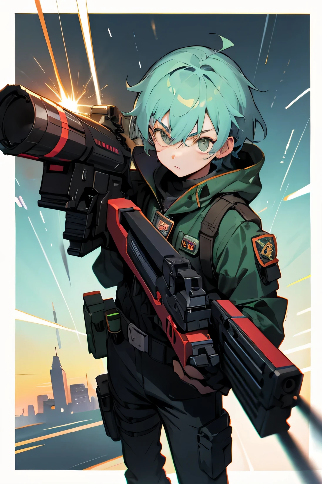 Young adult, Male, bounty Hunter gear, laser gun's, town background