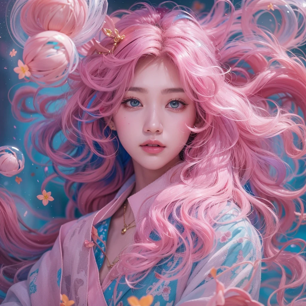 Goose pink blue color，enamel，agate，A flesh-colored world，Blood Blue Girl 32K（masterpiece，HD，Aoyama Pond，Ultra high quality，32）long flowing bright blue hair，blood pool，Ziddink， a color，Grumpy （After greeting）， （Linen scarf）， fighting stance， looking at the ground， Goose pink long hair， Floating bright blue， Fire cloud gold headdress， Chinese long-sleeved gold silk burgundy garment， （Abstract metaverse splash：1.2）， White background，Peony flower vitality protector（粉realisticlying：1.4），bright purple hair，Smoke on the road，The background is very pure， high resolution， detail， RAW photos， Sharp Re， Nikon D850 film photo by Jefferies Lee 4 Kodak Portra 400 camera F1.6 guns, Rich pink shade, Ultra-realistic and vivid textures, dramatic lighting, Unreal Engine Art Station Trend, Sinest Powder 800，一个有着long flowing bright blue hair的女孩，Huge colorful bubbles鹅粉黄
