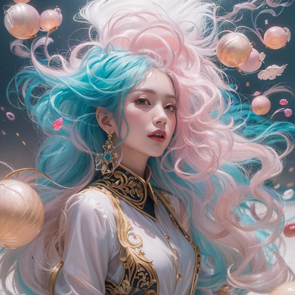 Goose pink blue color,enamel,agate,A flesh-colored world,Blood Blue Girl 32K(masterpiece,HD,Aoyama Pond,Ultra high quality,32)long flowing bright blue hair,blood pool,Ziddink, a color,Grumpy (After greeting), (Linen scarf), fighting stance, looking at the ground, Goose pink long hair, Floating bright blue, Fire cloud gold headdress, Chinese long-sleeved gold silk burgundy garment, (Abstract metaverse splash:1.2), White background,Peony flower vitality protector(粉realisticlying:1.4),bright purple hair,Smoke on the road,The background is very pure, high resolution, detail, RAW photos, Sharp Re, Nikon D850 film photo by Jefferies Lee 4 Kodak Portra 400 camera F1.6 guns, Rich pink shade, Ultra-realistic and vivid textures, dramatic lighting, Unreal Engine Art Station Trend, Sinest Powder 800,一个有着long flowing bright blue hair的女孩,Huge colorful bubbles鹅粉黄